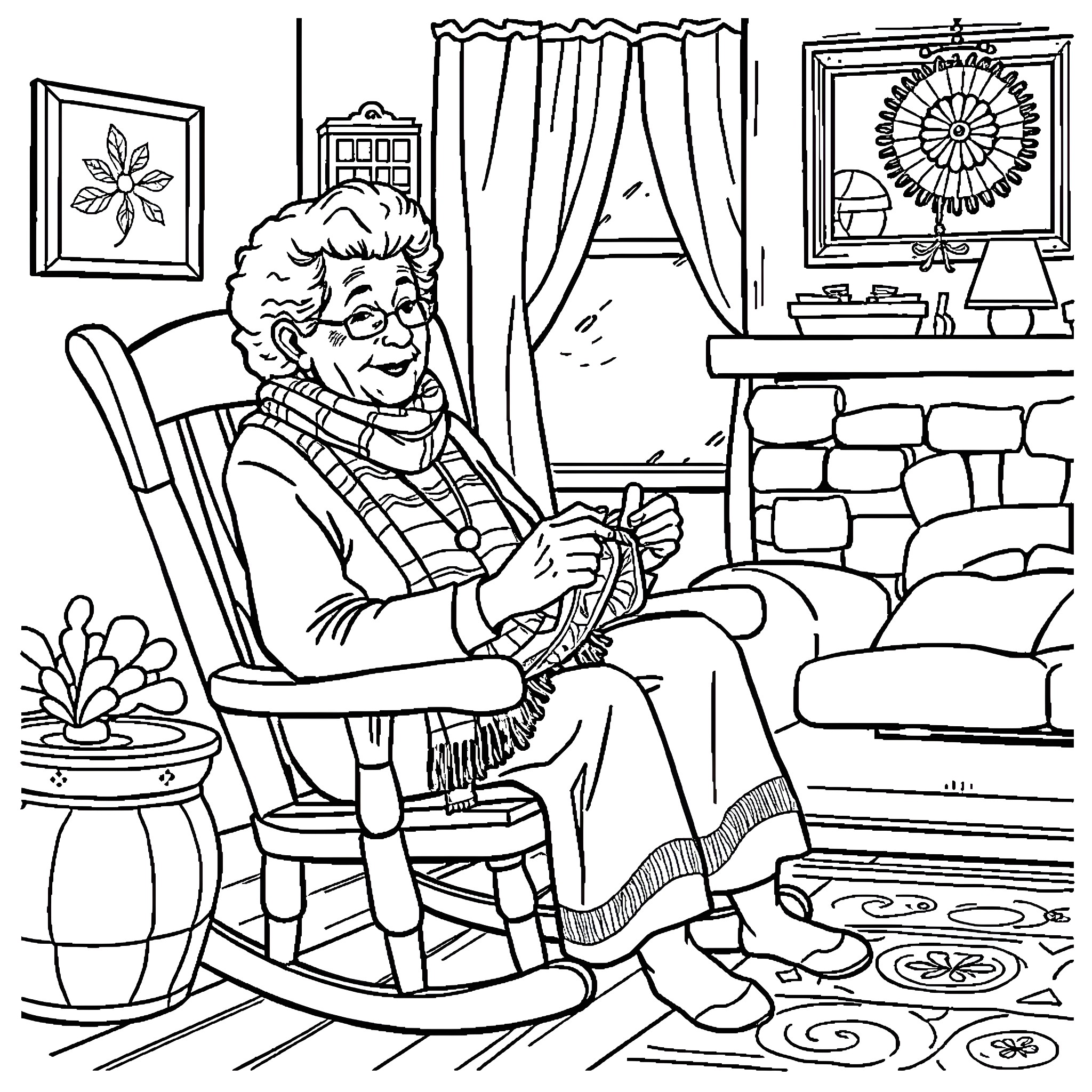 Grandma relaxing peacefully in her cozy living room Coloring Page (free black-and-white line drawing printable PDF for all, from beginners to advanced learners, including children, teens, adults, and seniors)