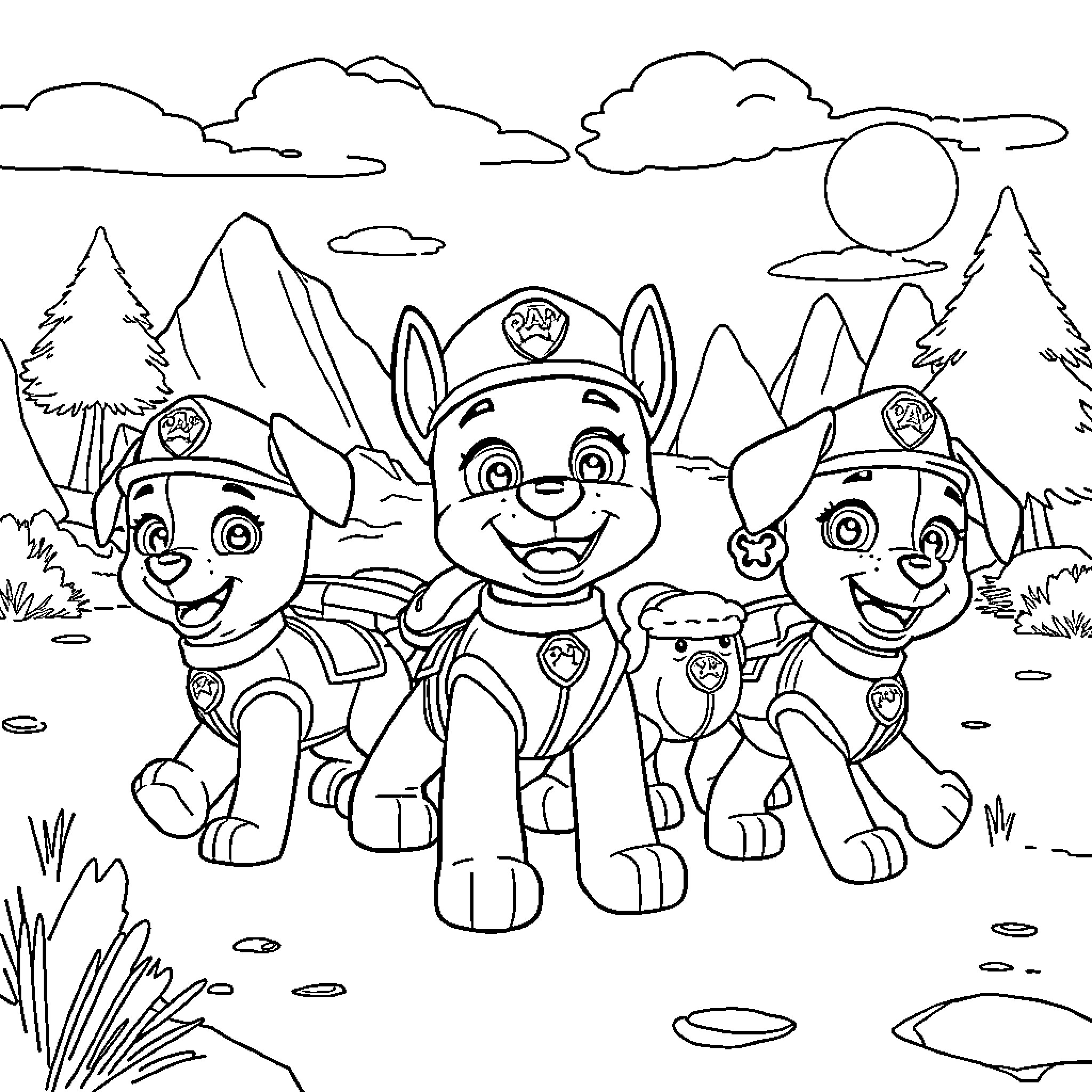 Paw Patrol pups on an adventure in the mountains Coloring Page (free black-and-white line drawing printable PDF for all, from beginners to advanced learners, including children, teens, adults, and seniors)