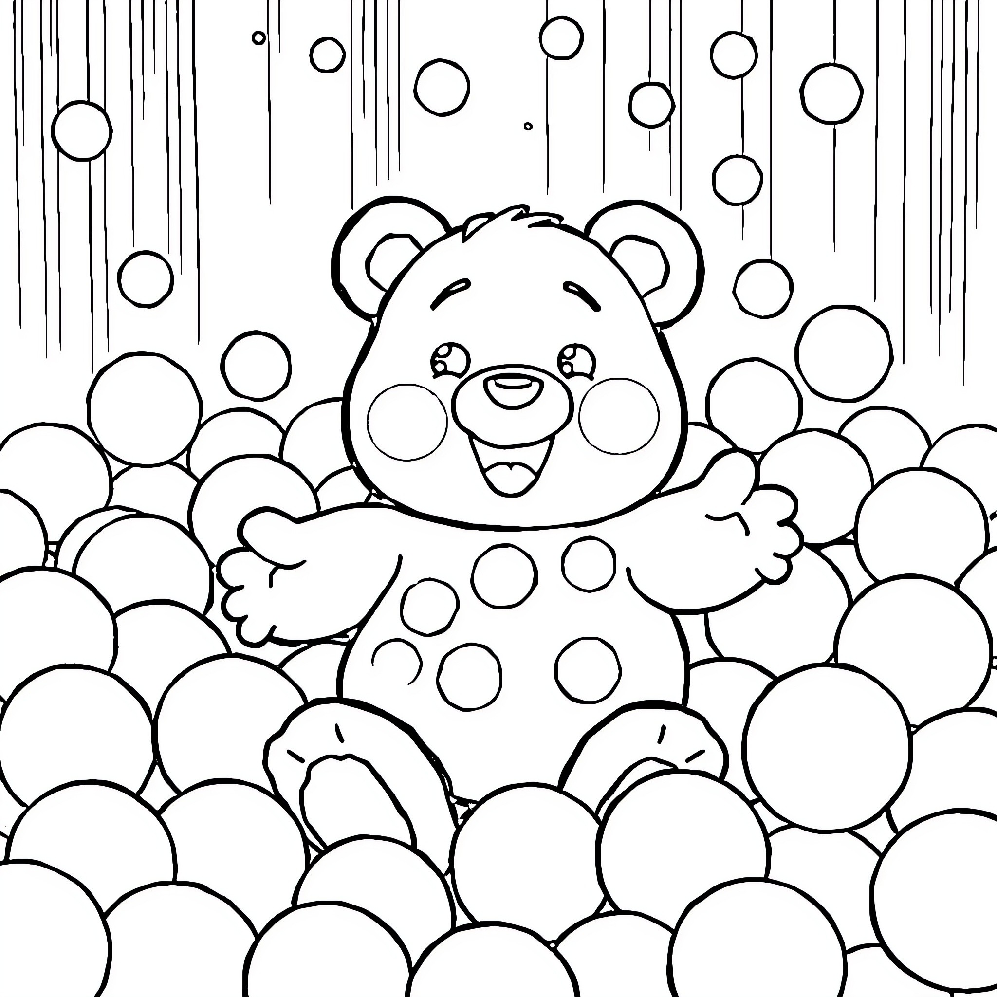 Gummy Bear playing happily in a bubble bath Coloring Page (free black-and-white line drawing printable PDF for all, from beginners to advanced learners, including children, teens, adults, and seniors)