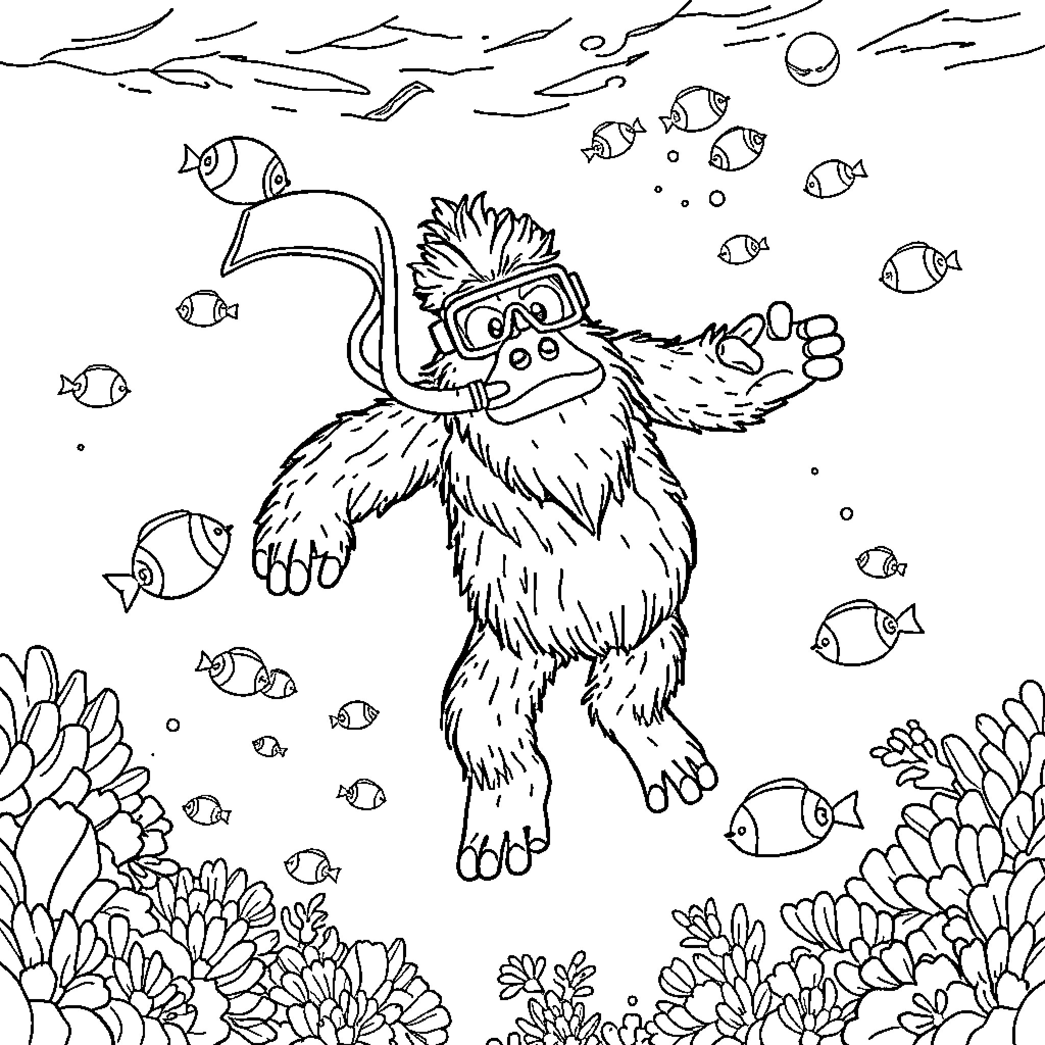 Yeti snorkeling underwater with colorful fish Coloring Page (free black-and-white line drawing printable PDF for all, from beginners to advanced learners, including children, teens, adults, and seniors)
