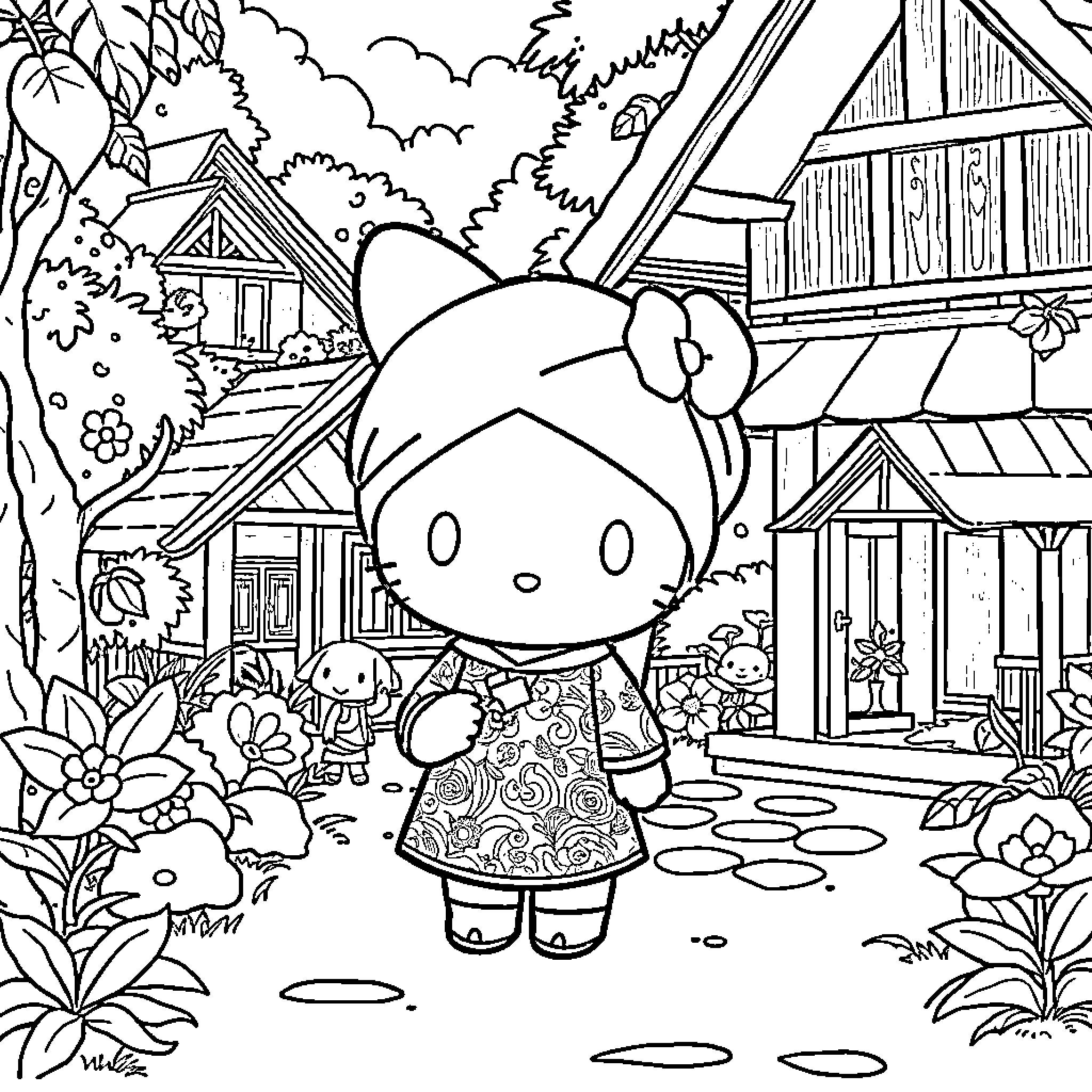 My Melody Enjoying the Scenic Village Coloring Page (free black-and-white line drawing printable PDF for all, from beginners to advanced learners, including children, teens, adults, and seniors)