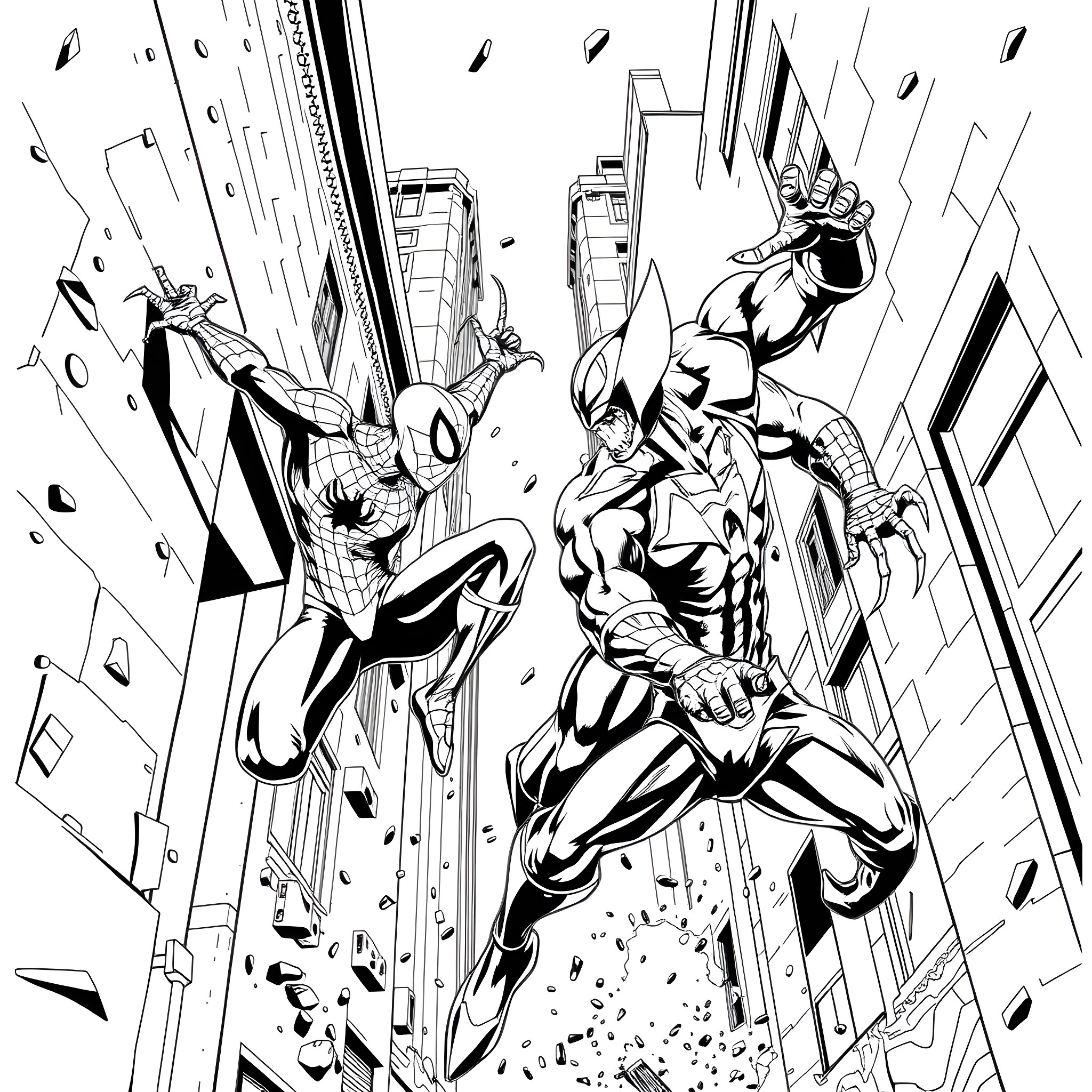 Spider-Man battling supervillain in city streets Coloring Page (free black-and-white line drawing printable PDF for all, from beginners to advanced learners, including children, teens, adults, and seniors)