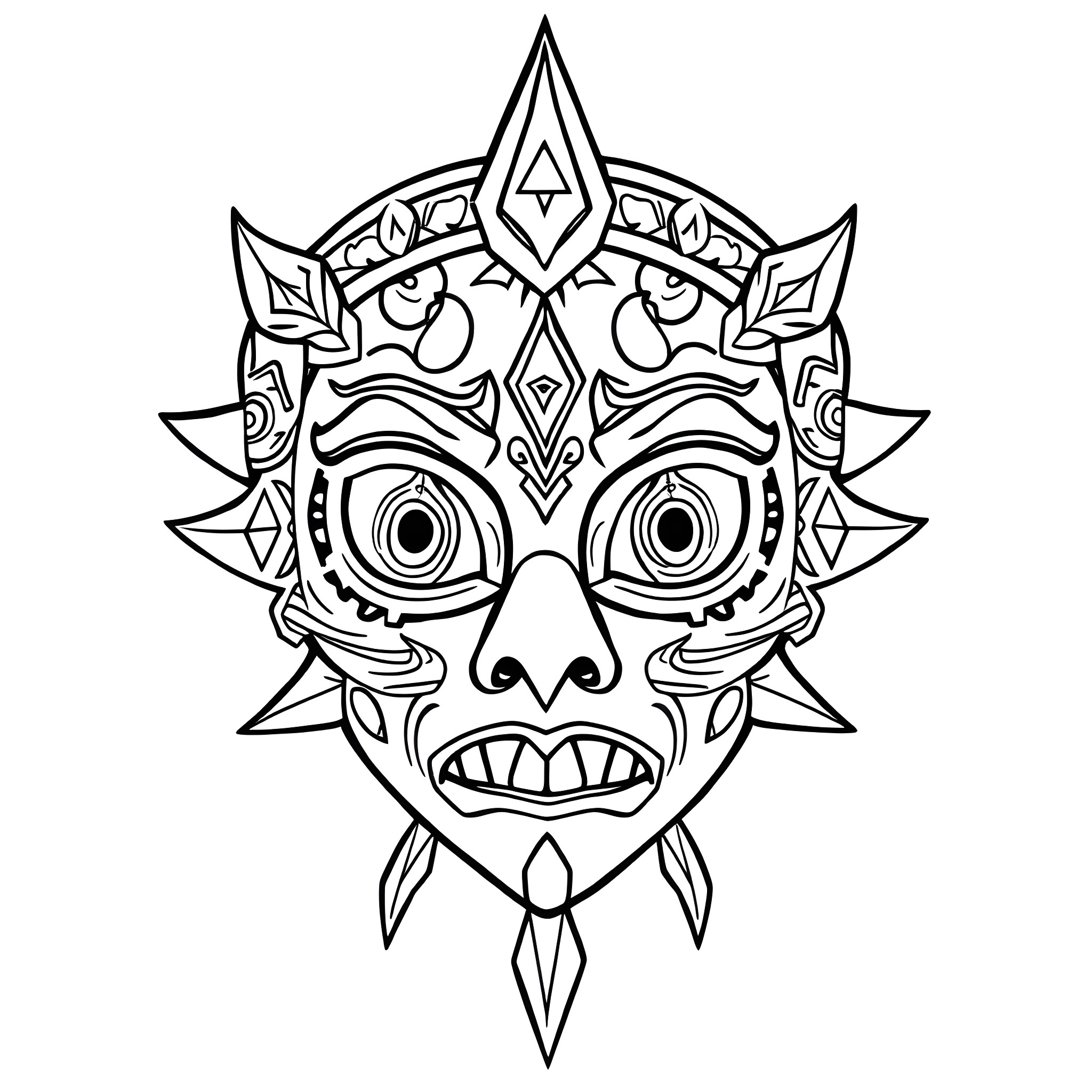 Majora's Mask - Intricate Tribal Mask Design Coloring Page (free black-and-white line drawing printable PDF for all, from beginners to advanced learners, including children, teens, adults, and seniors)