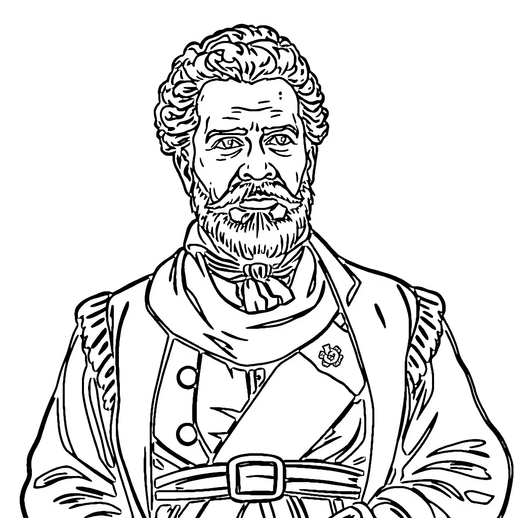 Juan Pablo Duarte in formal attire with stern expression Coloring Page (free black-and-white line drawing printable PDF for all, from beginners to advanced learners, including children, teens, adults, and seniors)