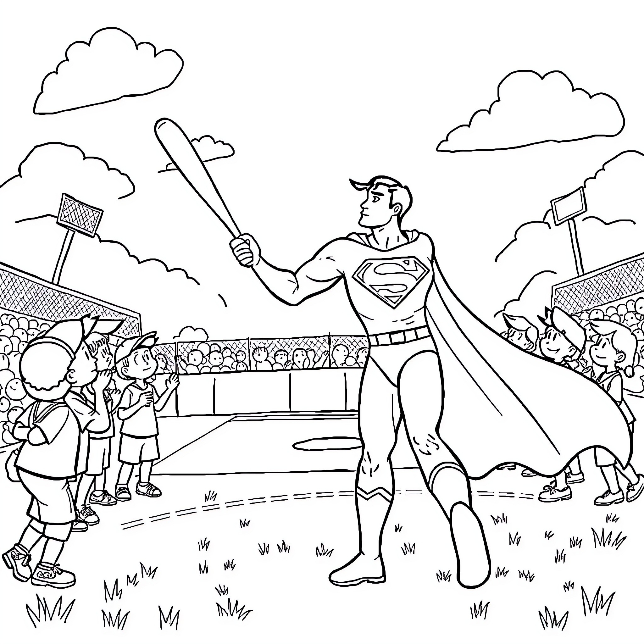 Superman playing baseball with crowd cheering Coloring Page (free black-and-white line drawing printable PDF for all, from beginners to advanced learners, including children, teens, adults, and seniors)
