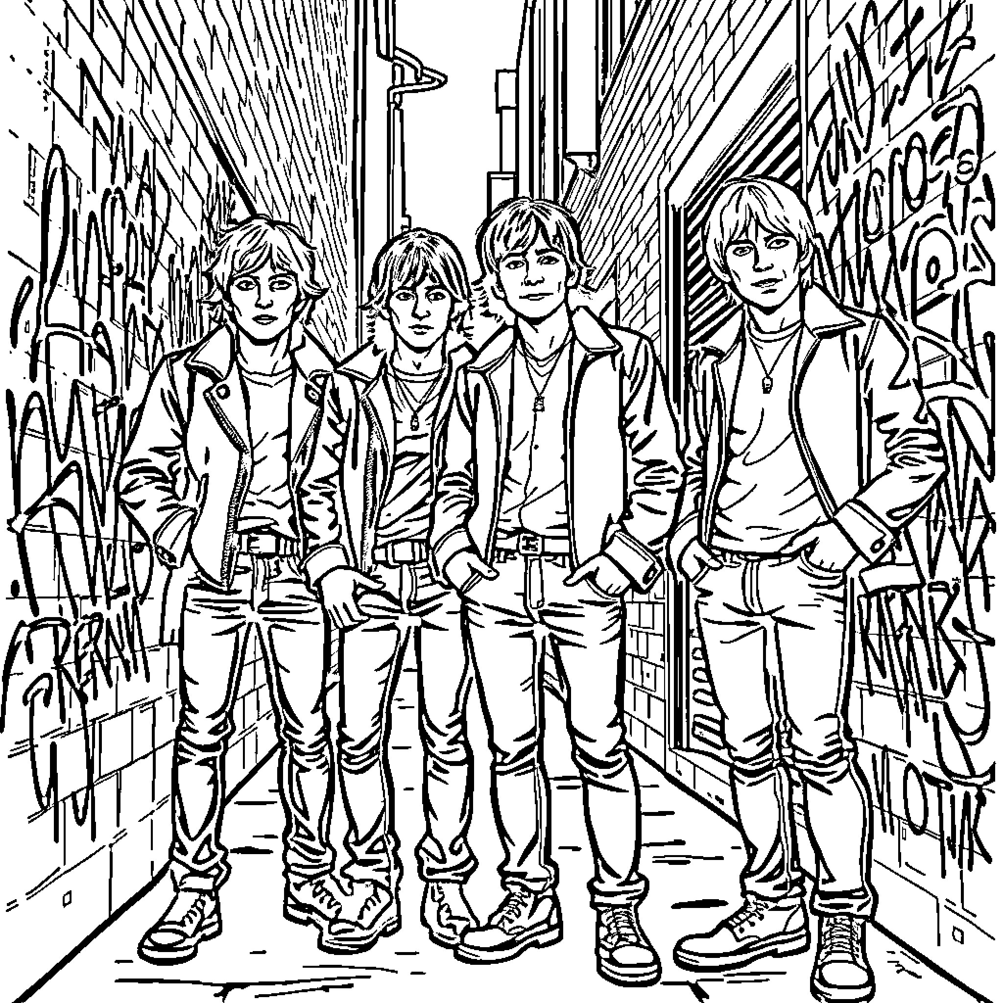 Beatles walking down a graffiti-covered alley Coloring Page (free black-and-white line drawing printable PDF for all, from beginners to advanced learners, including children, teens, adults, and seniors)