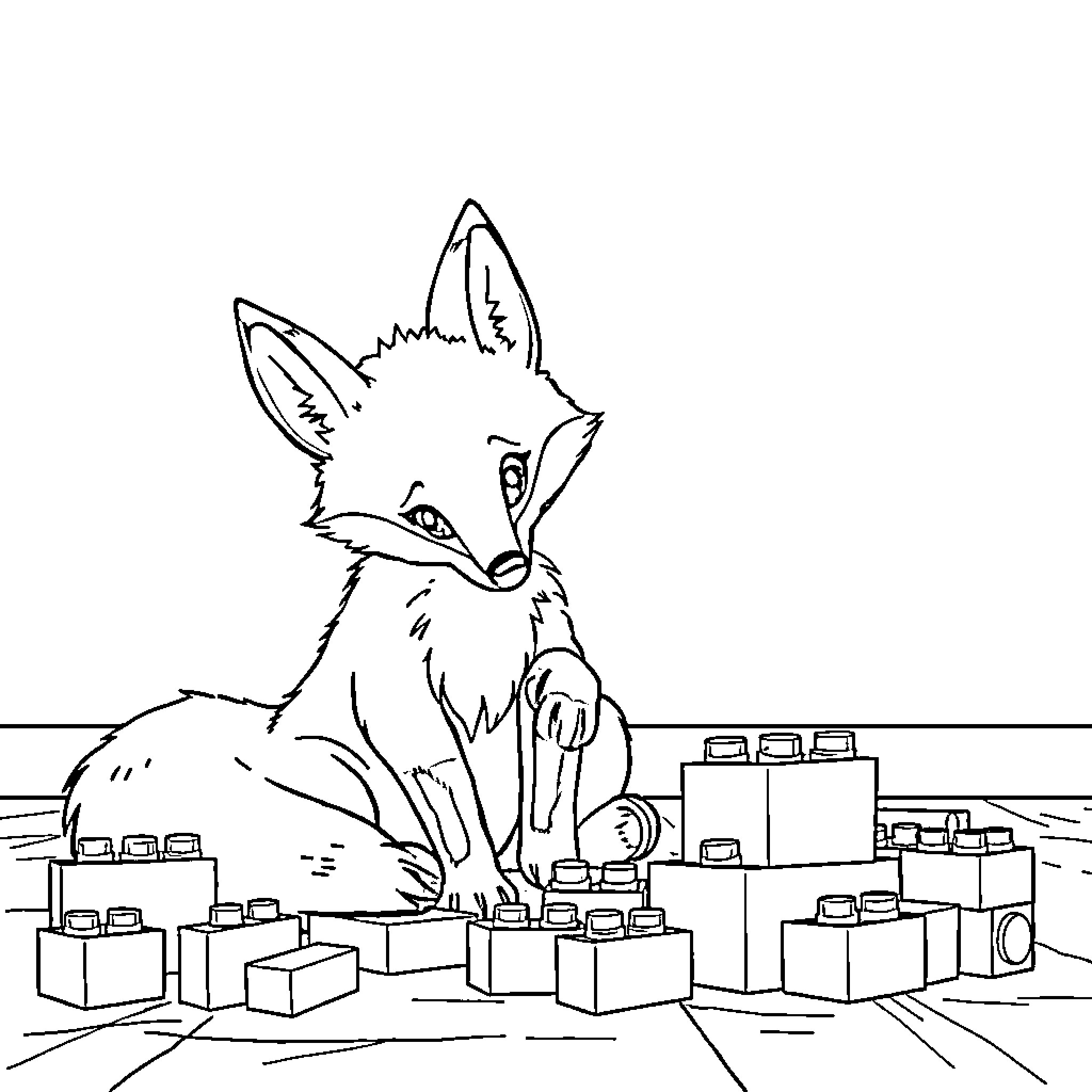 Fox exploring a room filled with mysterious blocks Coloring Page (free black-and-white line drawing printable PDF for all, from beginners to advanced learners, including children, teens, adults, and seniors)