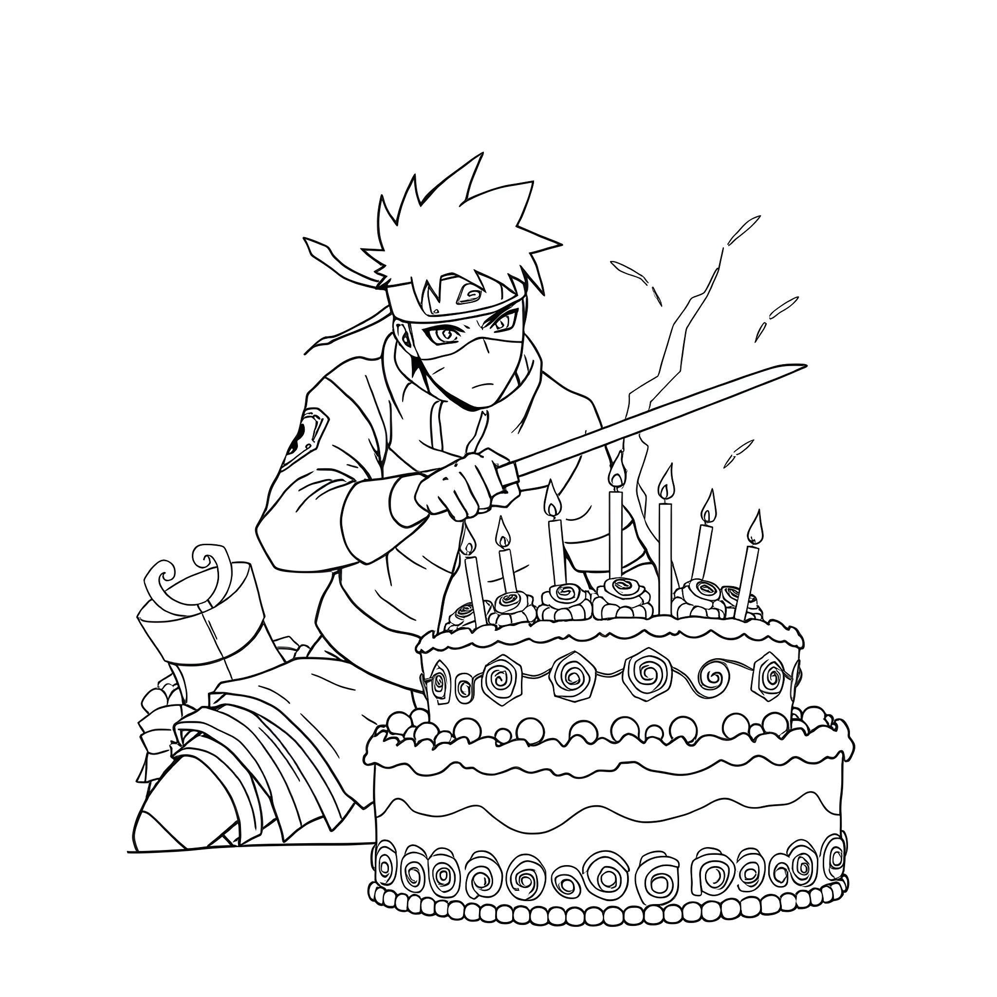 Kakashi blowing out birthday candles on a cake Coloring Page (free black-and-white line drawing printable PDF for all, from beginners to advanced learners, including children, teens, adults, and seniors)