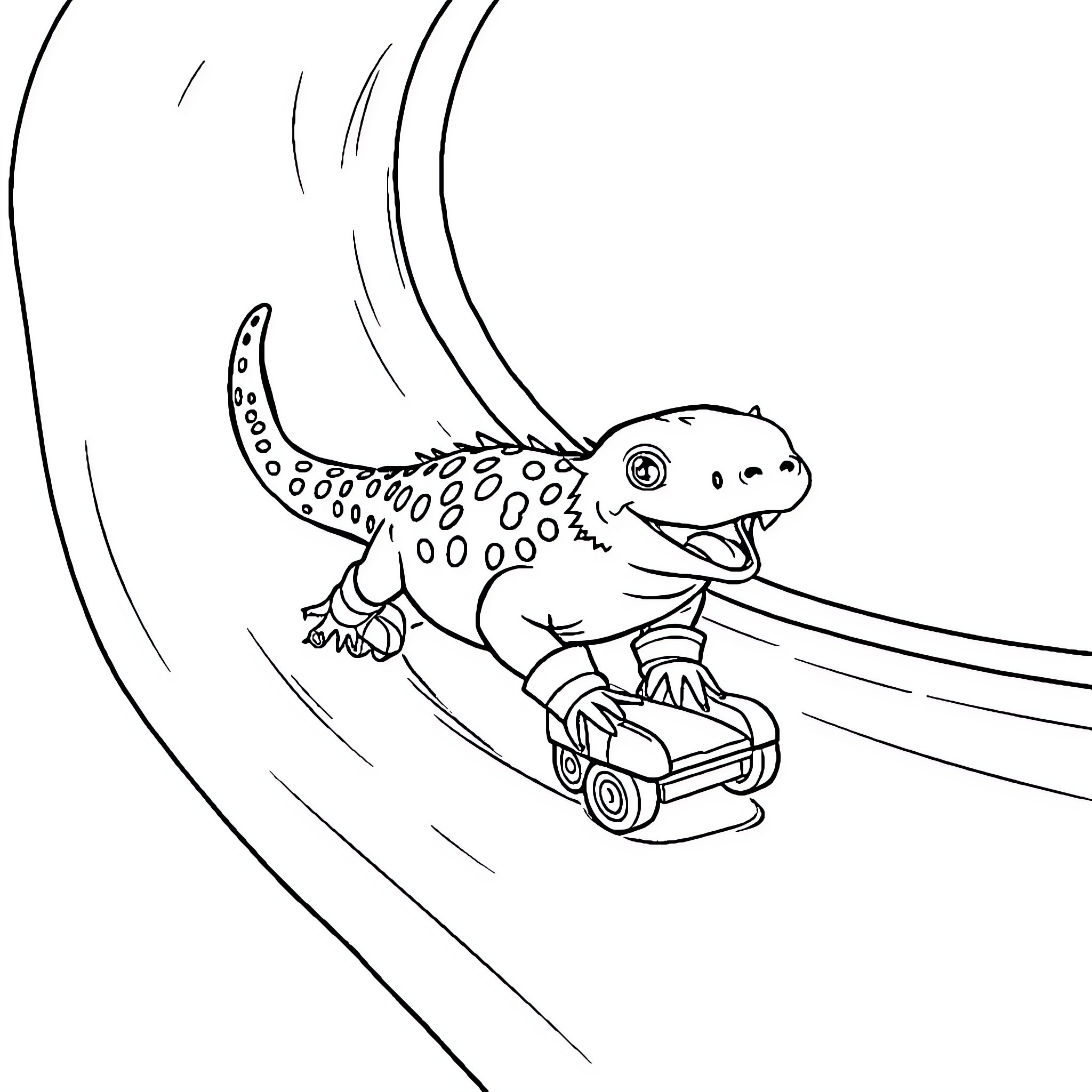 Axolotl riding skateboard on a curved path Coloring Page (free black-and-white line drawing printable PDF for all, from beginners to advanced learners, including children, teens, adults, and seniors)