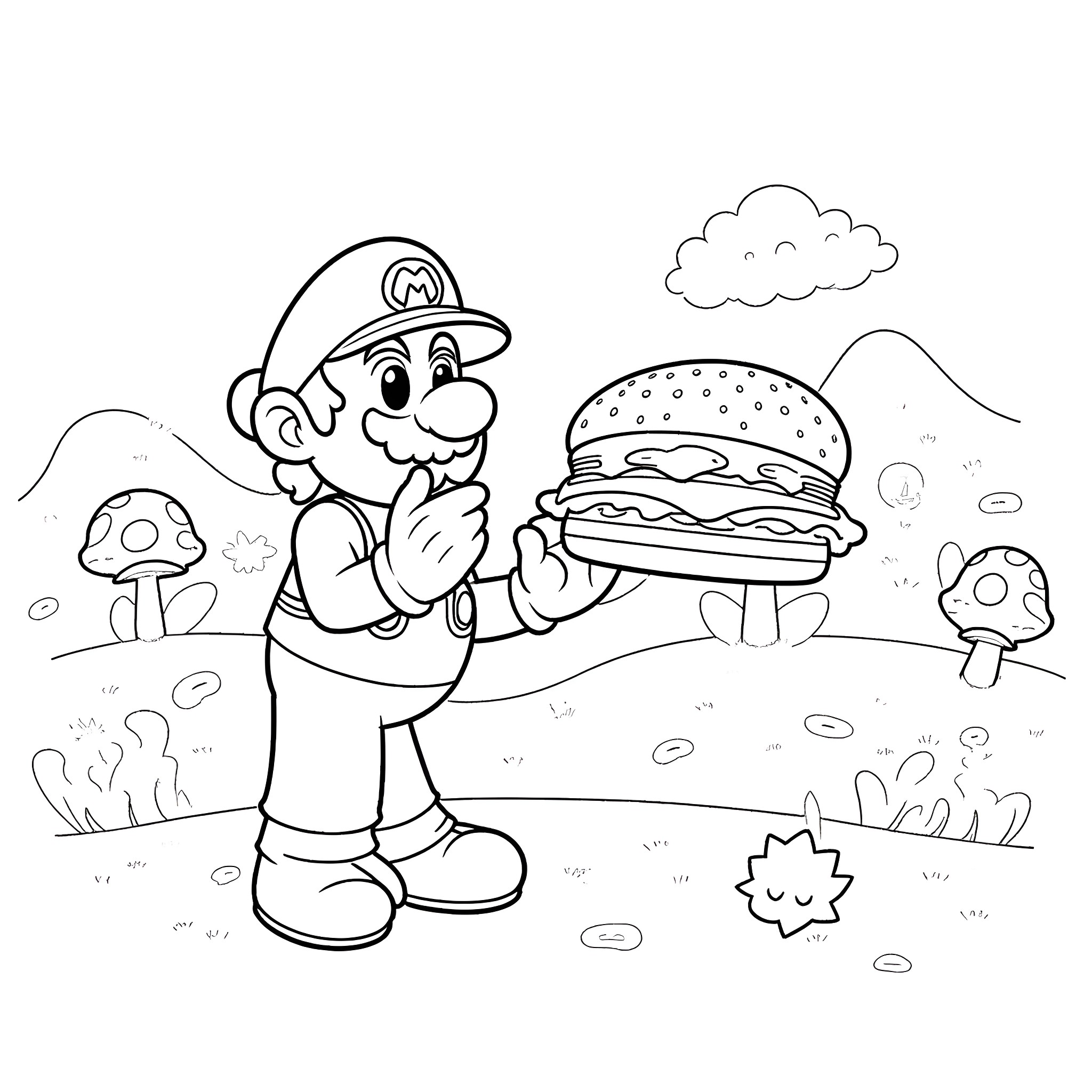 Super Mario enjoying a giant burger in a mushroom-filled landscape Coloring Page (free black-and-white line drawing printable PDF for all, from beginners to advanced learners, including children, teens, adults, and seniors)
