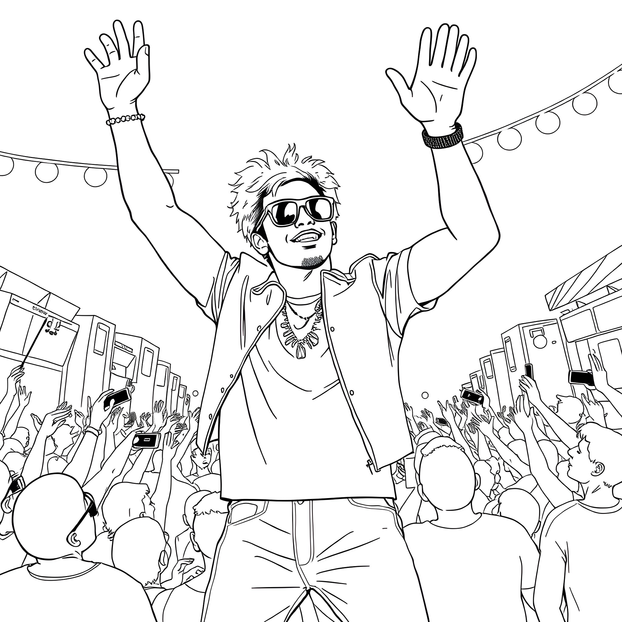 Bruno Mars Performing Energetically on Stage Coloring Page (free black-and-white line drawing printable PDF for all, from beginners to advanced learners, including children, teens, adults, and seniors)