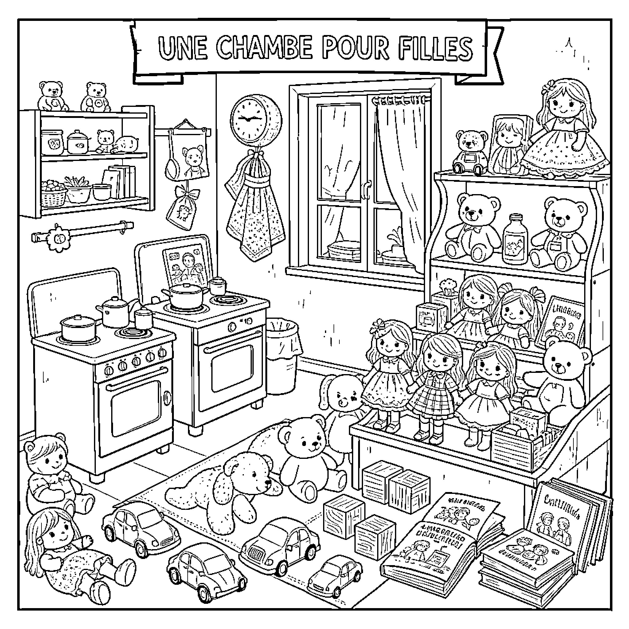 Chambre remplie de jouets et de poupées Coloring Page (free black-and-white line drawing printable PDF for all, from beginners to advanced learners, including children, teens, adults, and seniors)