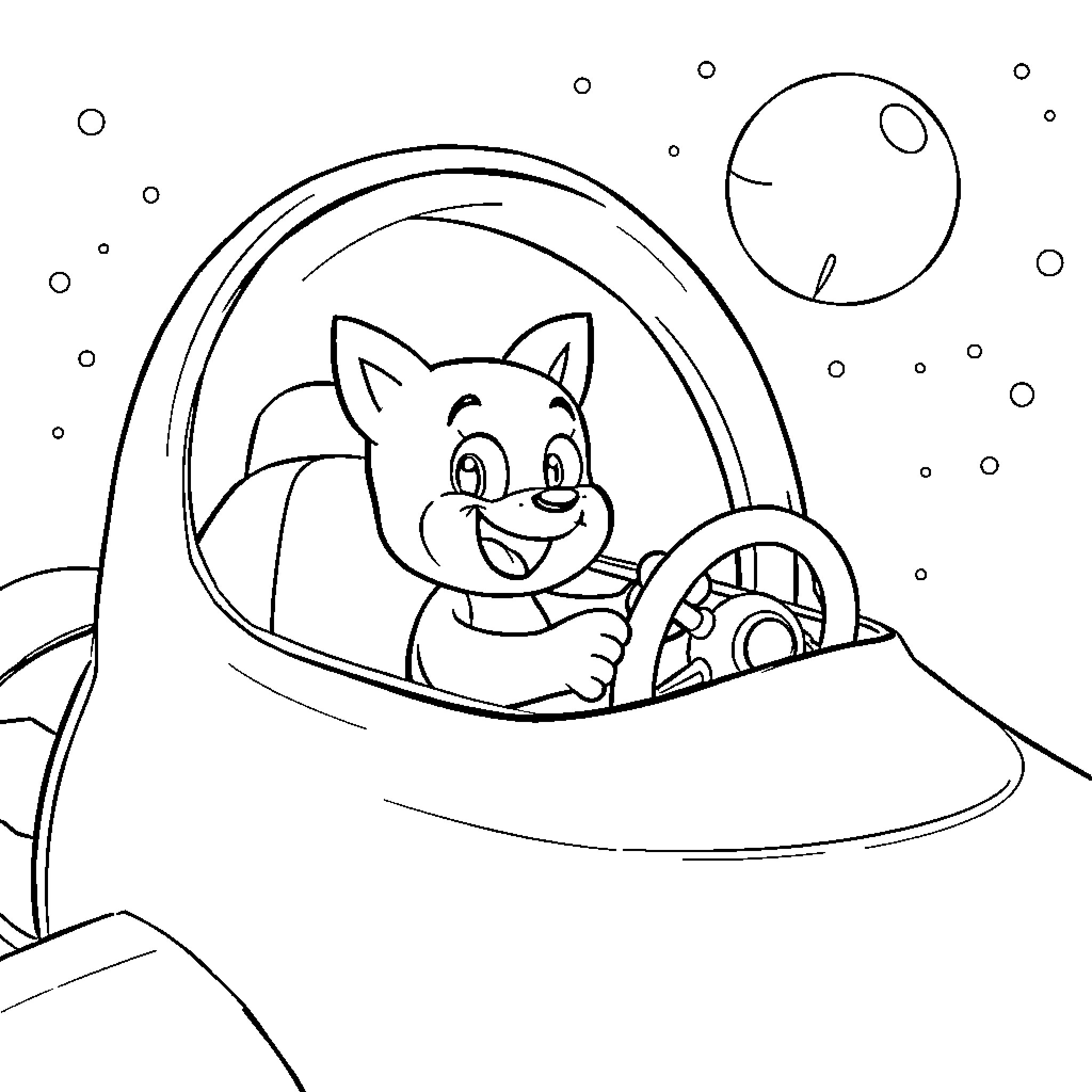 Bluey driving a spaceship in the night sky Coloring Page (free black-and-white line drawing printable PDF for all, from beginners to advanced learners, including children, teens, adults, and seniors)