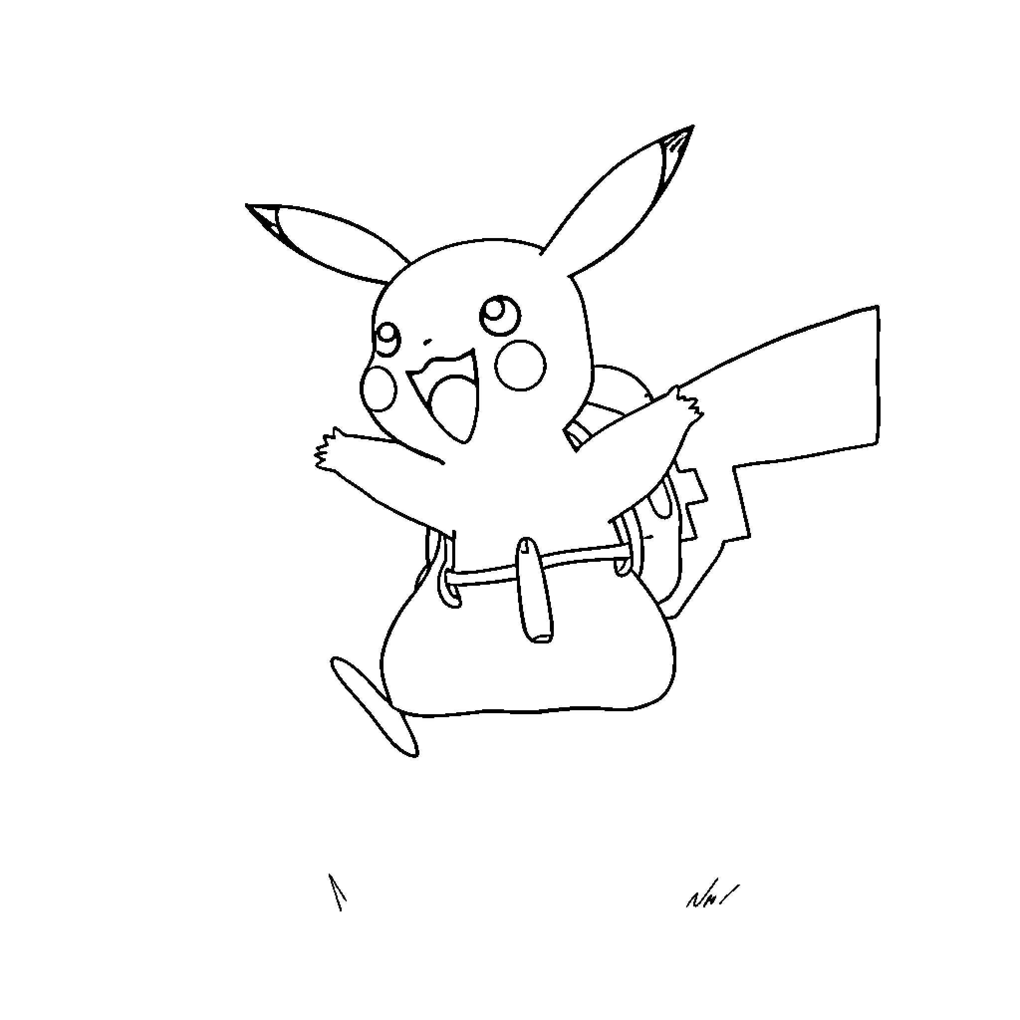 Pikachu in a playful pose Coloring Page (free black-and-white line drawing printable PDF for all, from beginners to advanced learners, including children, teens, adults, and seniors)