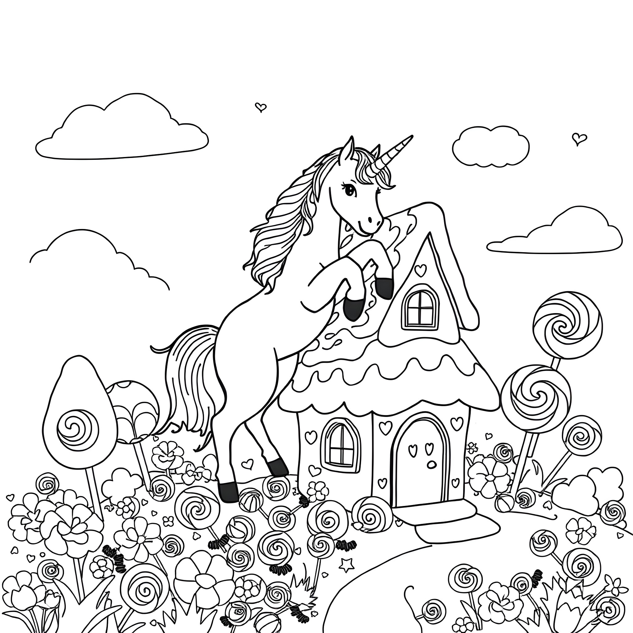 Unicorn exploring a whimsical fantasy landscape Coloring Page (free black-and-white line drawing printable PDF for all, from beginners to advanced learners, including children, teens, adults, and seniors)