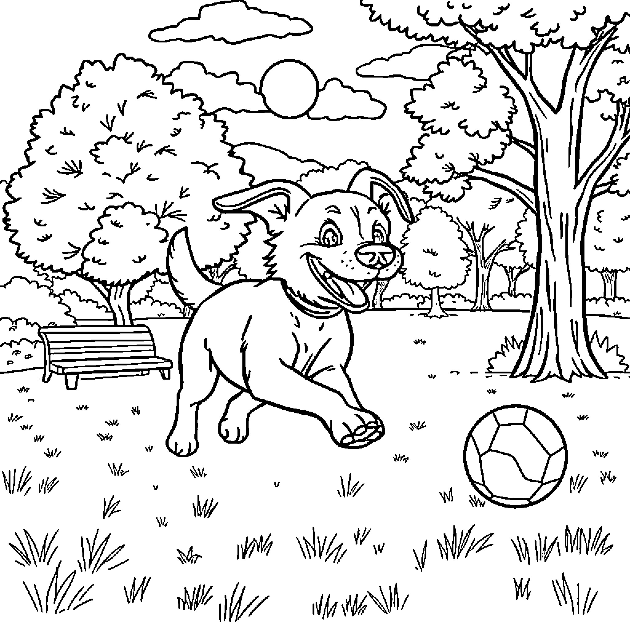 Dog playing with a ball in the park Coloring Page (free black-and-white line drawing printable PDF for all, from beginners to advanced learners, including children, teens, adults, and seniors)