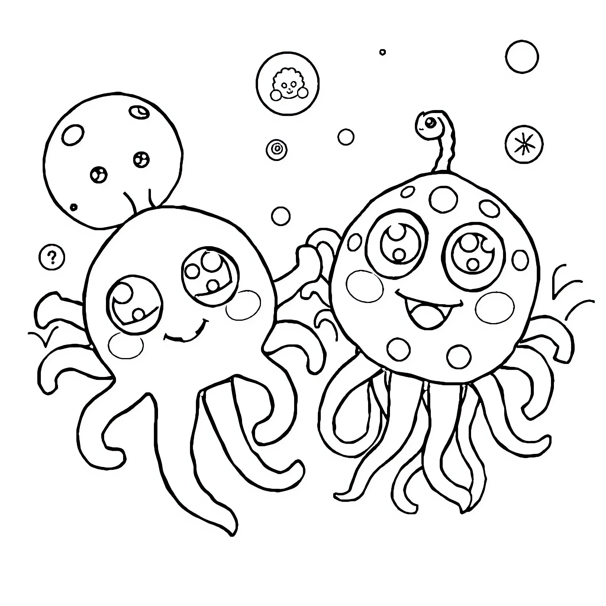 Germ-themed Playful Cartoon Creatures Coloring Page (free black-and-white line drawing printable PDF for all, from beginners to advanced learners, including children, teens, adults, and seniors)