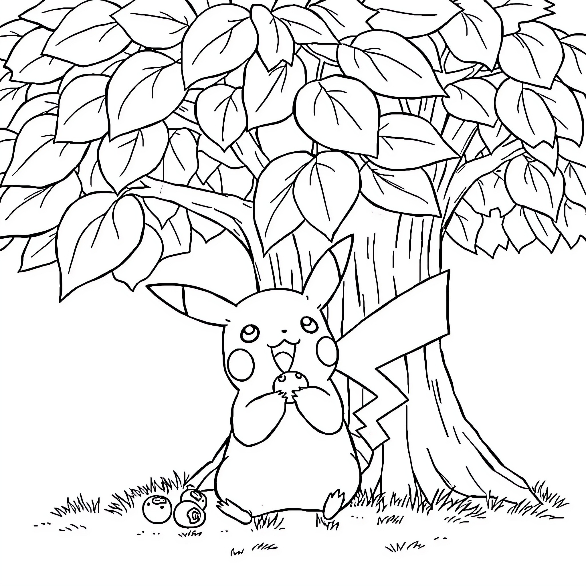 Pikachu hiding in the forest Coloring Page (free black-and-white line drawing printable PDF for all, from beginners to advanced learners, including children, teens, adults, and seniors)