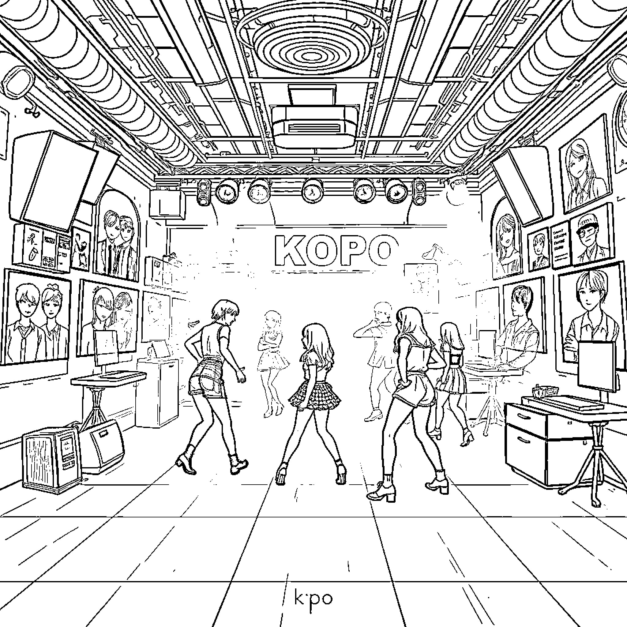 Kpop performance in a recording studio Coloring Page (free black-and-white line drawing printable PDF for all, from beginners to advanced learners, including children, teens, adults, and seniors)