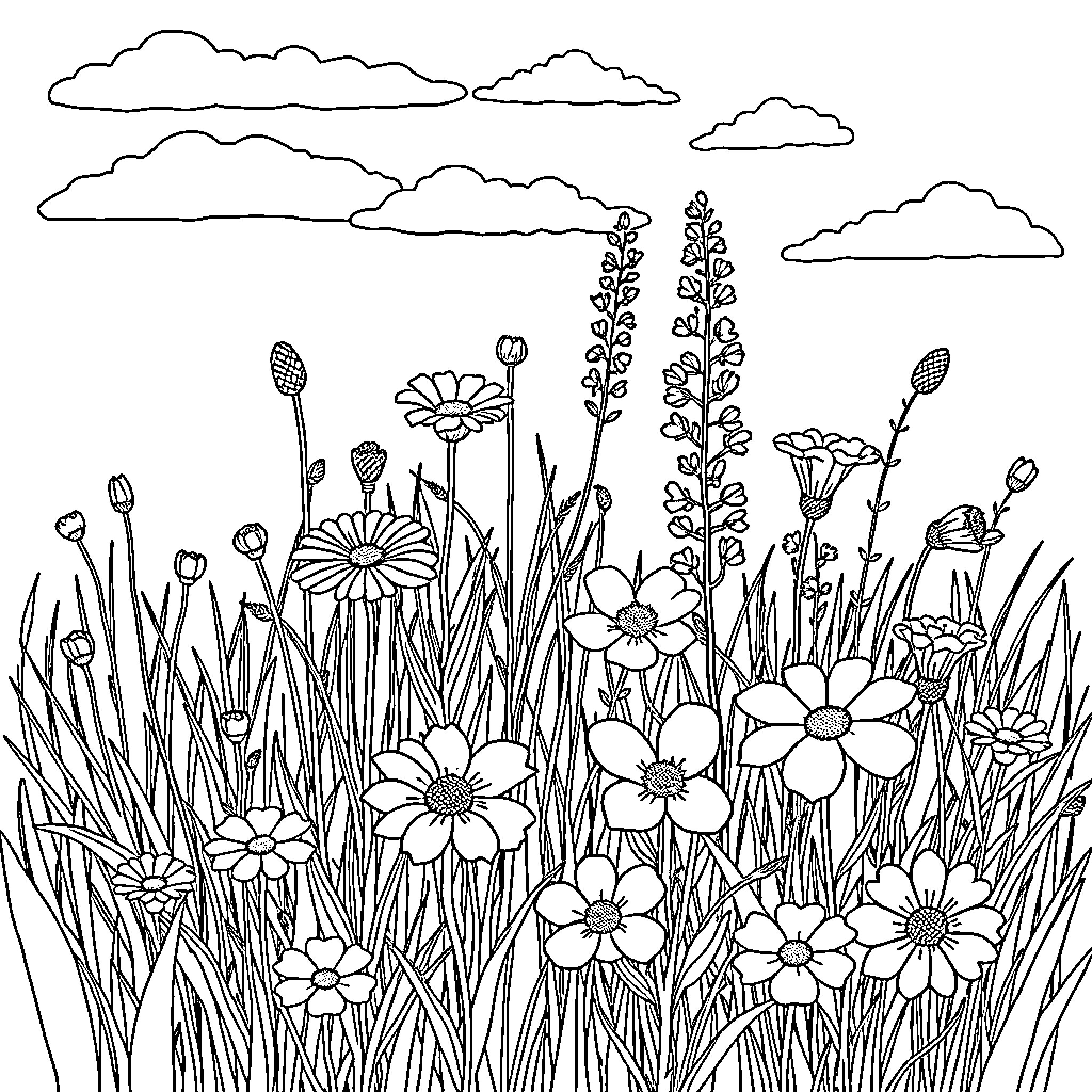 Wildflowers blooming in a tranquil field Coloring Page (free black-and-white line drawing printable PDF for all, from beginners to advanced learners, including children, teens, adults, and seniors)