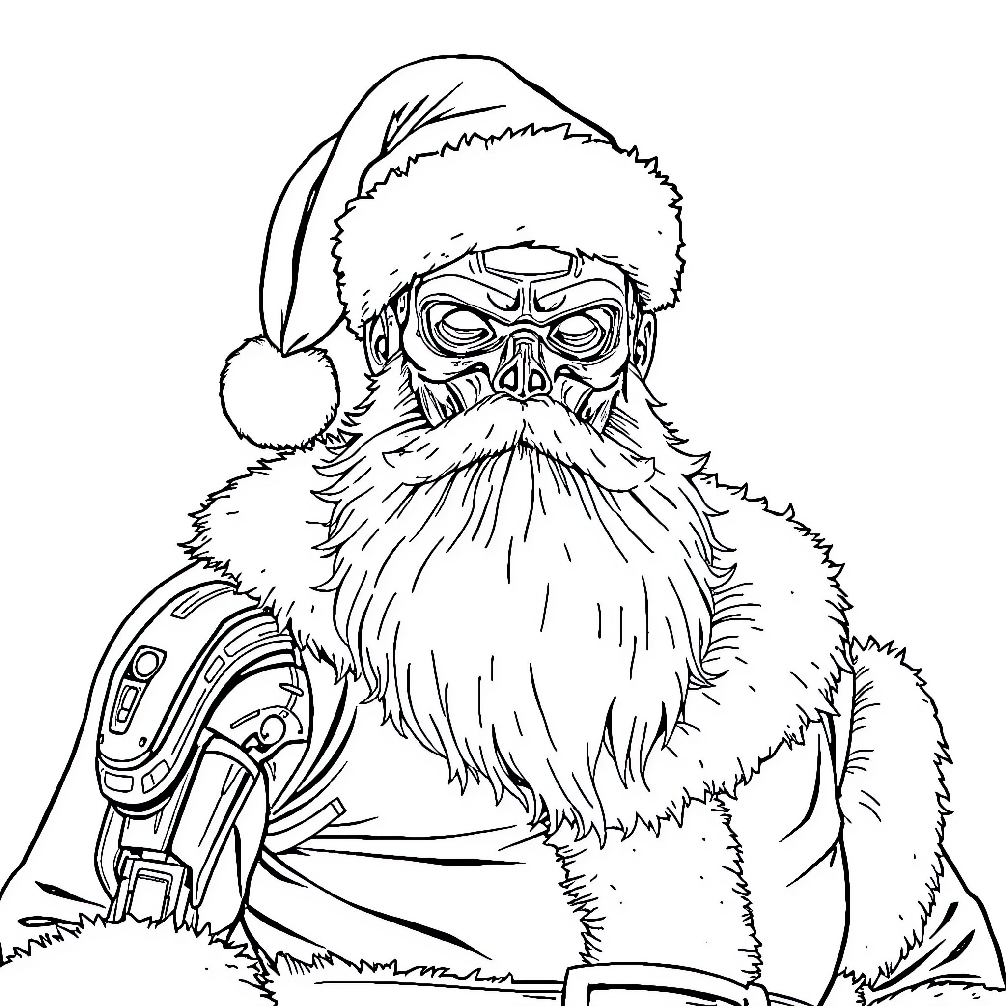 Terminator Claus: Robotic Santa in Winter Gear Coloring Page (free black-and-white line drawing printable PDF for all, from beginners to advanced learners, including children, teens, adults, and seniors)