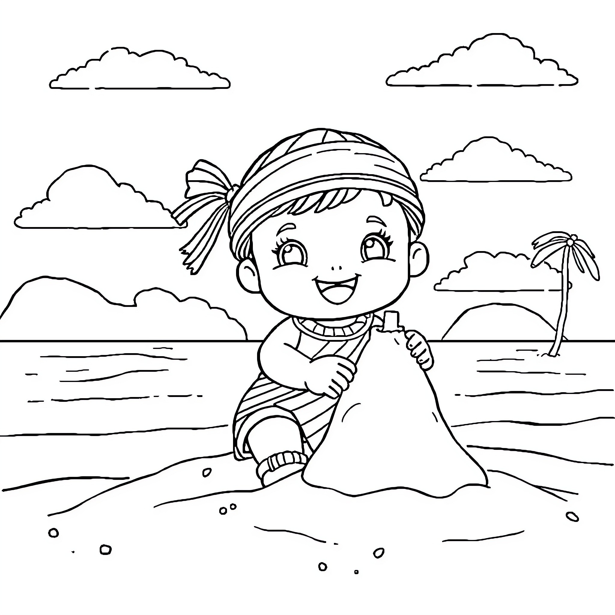 Doll playing in the tropical beach scene Coloring Page (free black-and-white line drawing printable PDF for all, from beginners to advanced learners, including children, teens, adults, and seniors)