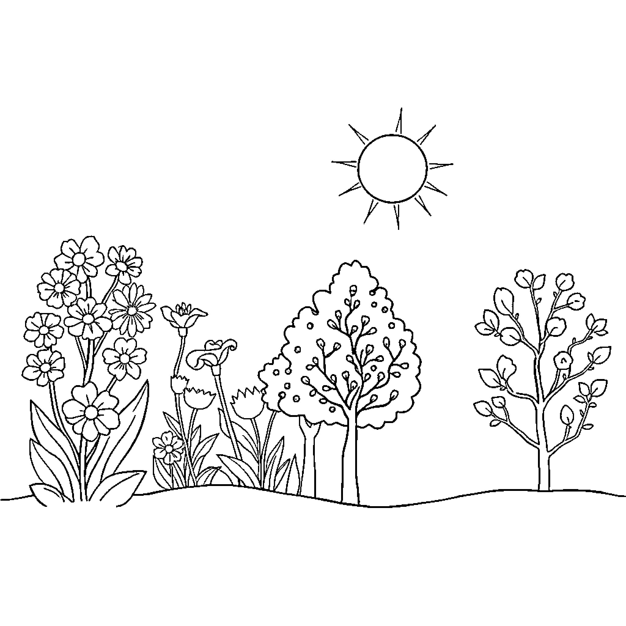 Season of Blooming Flowers and Bright Sun Coloring Page (free black-and-white line drawing printable PDF for all, from beginners to advanced learners, including children, teens, adults, and seniors)