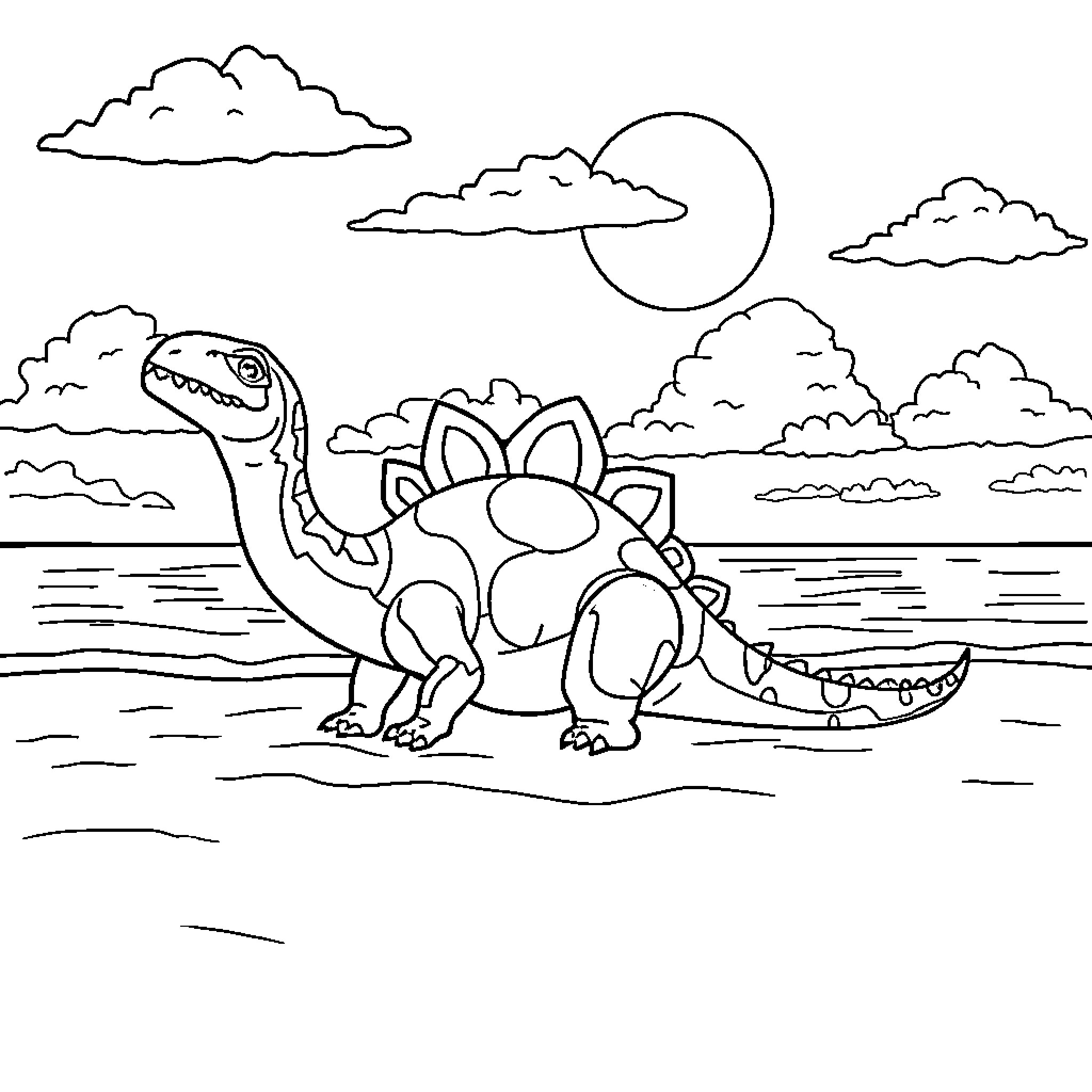 Dino family playing by the beach Coloring Page (free black-and-white line drawing printable PDF for all, from beginners to advanced learners, including children, teens, adults, and seniors)