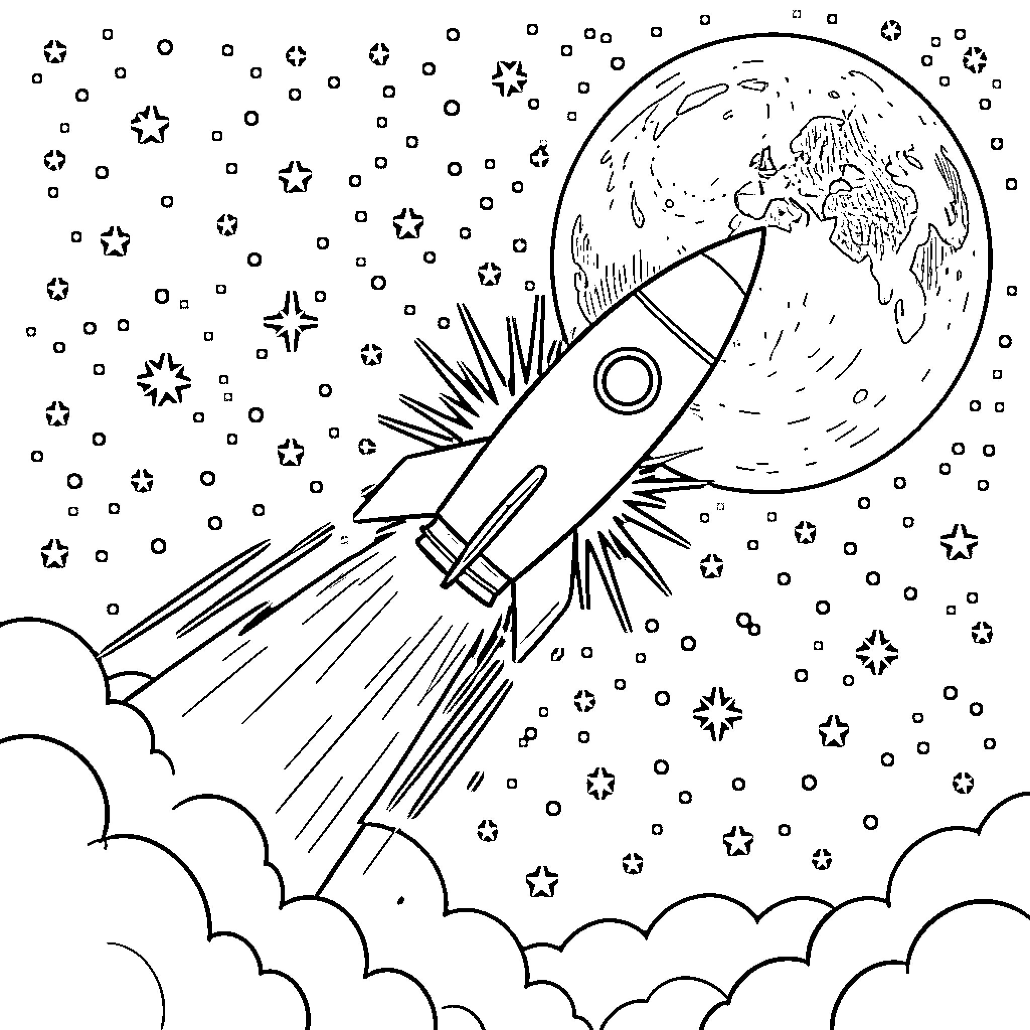 Rocket launching into the starry night sky Coloring Page (free black-and-white line drawing printable PDF for all, from beginners to advanced learners, including children, teens, adults, and seniors)