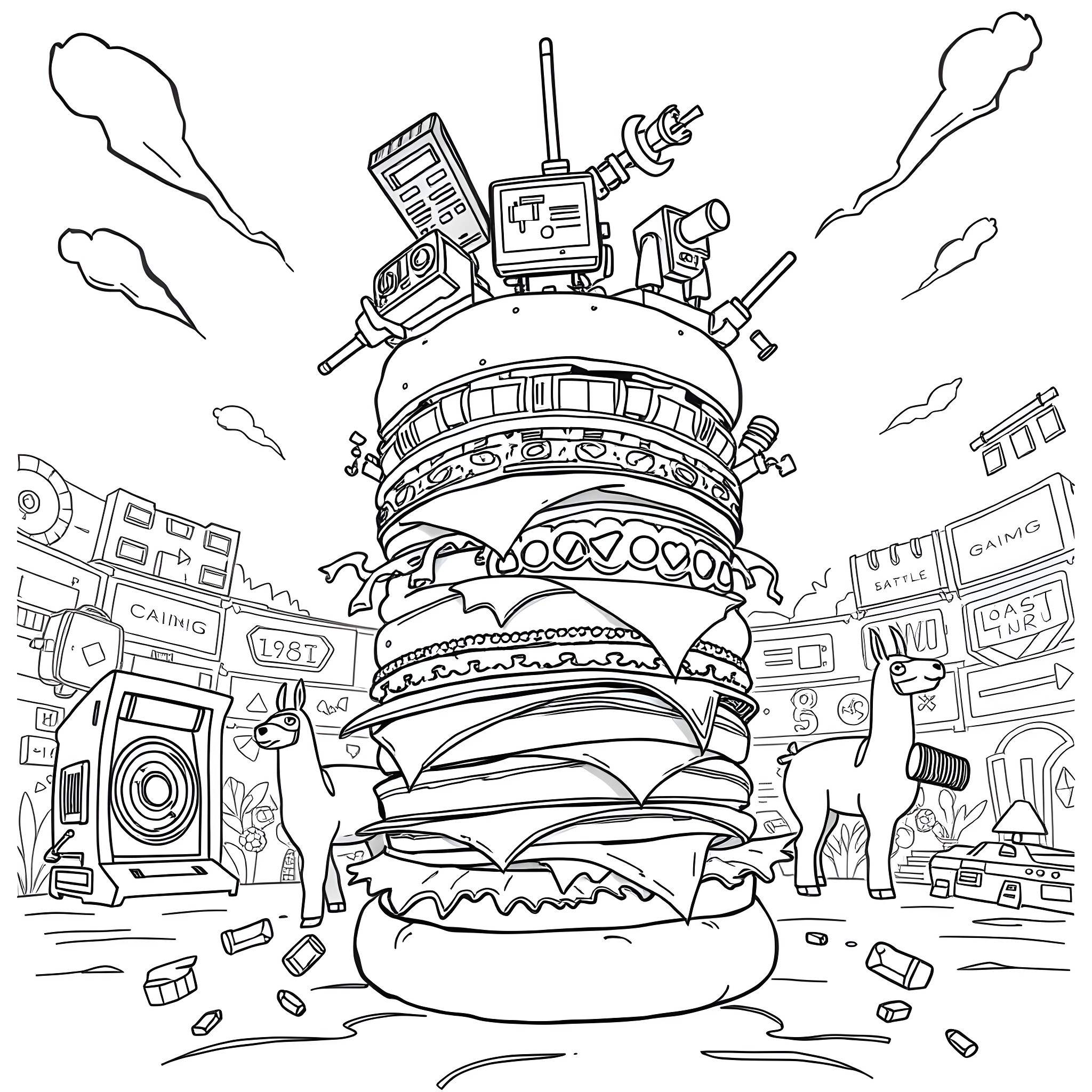 Burger overflowing with electronic gadgets Coloring Page (free black-and-white line drawing printable PDF for all, from beginners to advanced learners, including children, teens, adults, and seniors)