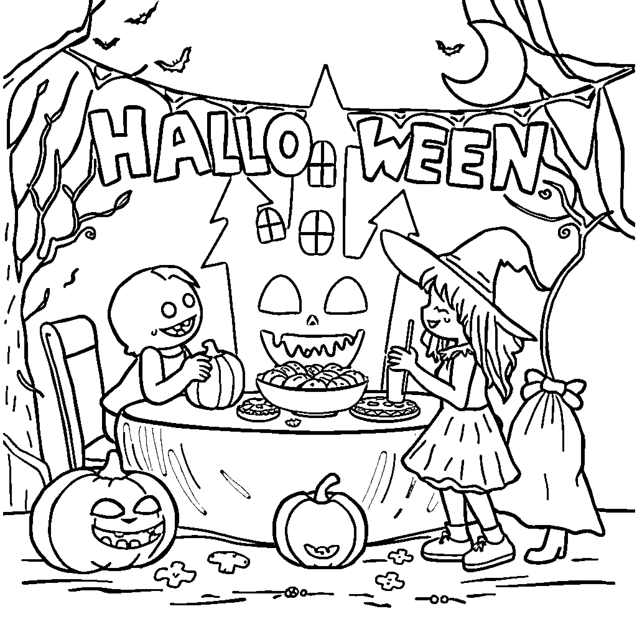 Halloween Party with Pumpkins, Treats, and Costumes Coloring Page (free black-and-white line drawing printable PDF for all, from beginners to advanced learners, including children, teens, adults, and seniors)