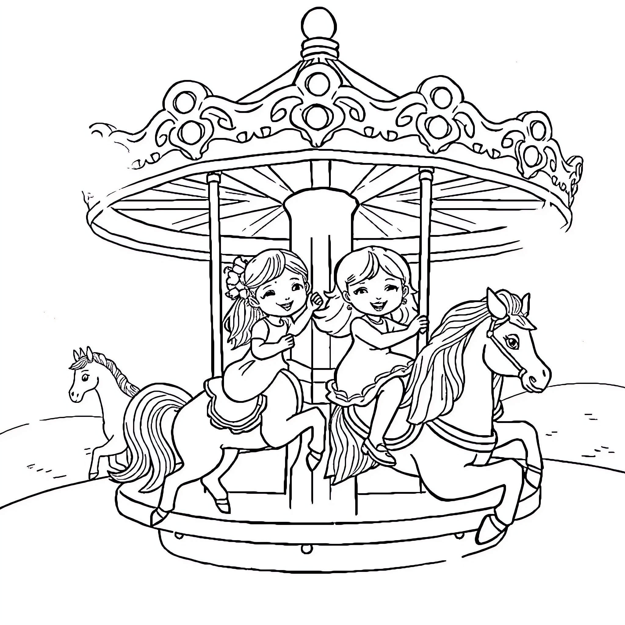 Filles enjoying a carousel ride on horseback Coloring Page (free black-and-white line drawing printable PDF for all, from beginners to advanced learners, including children, teens, adults, and seniors)