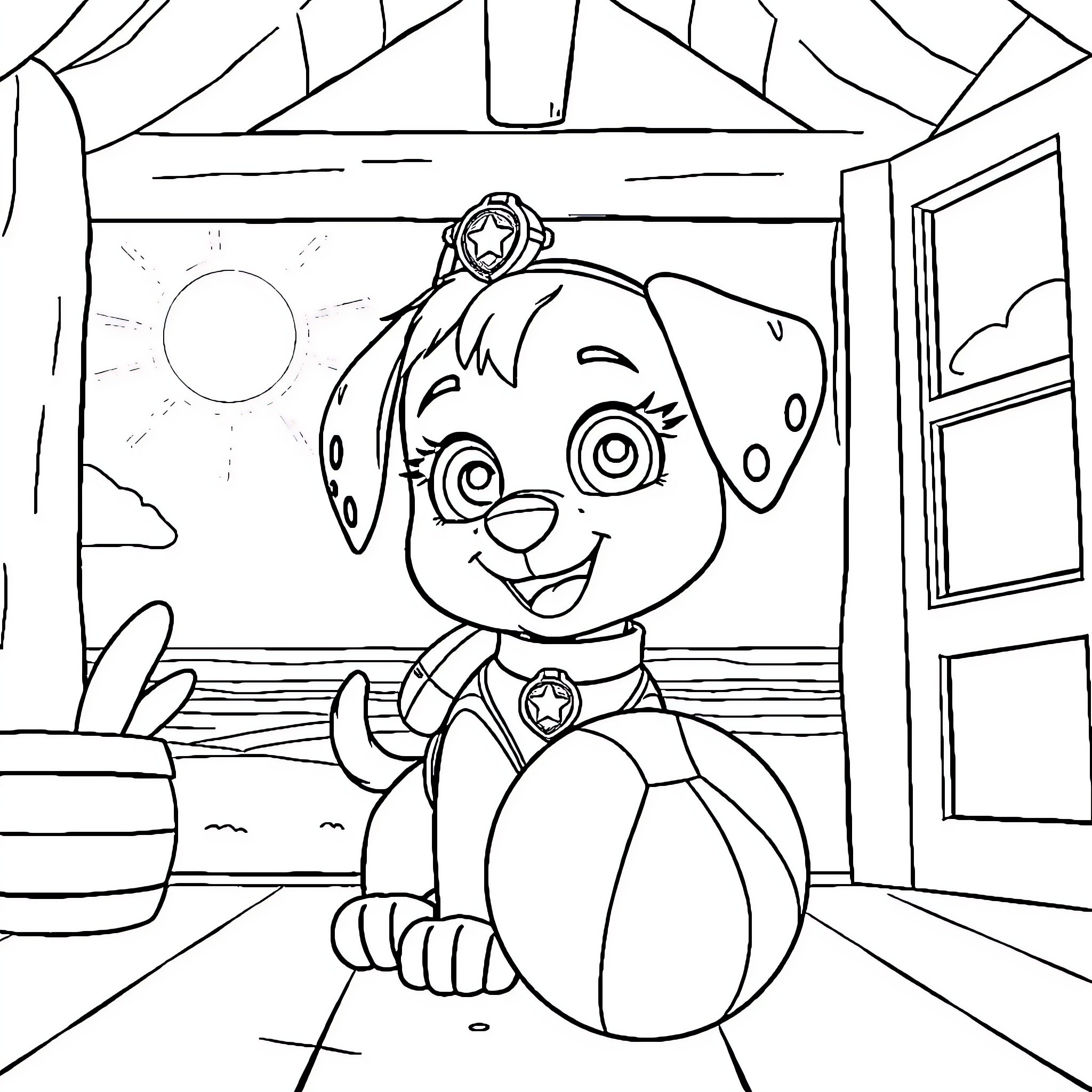Stella's Playful Paw-dorable Adventure Coloring Page (free black-and-white line drawing printable PDF for all, from beginners to advanced learners, including children, teens, adults, and seniors)