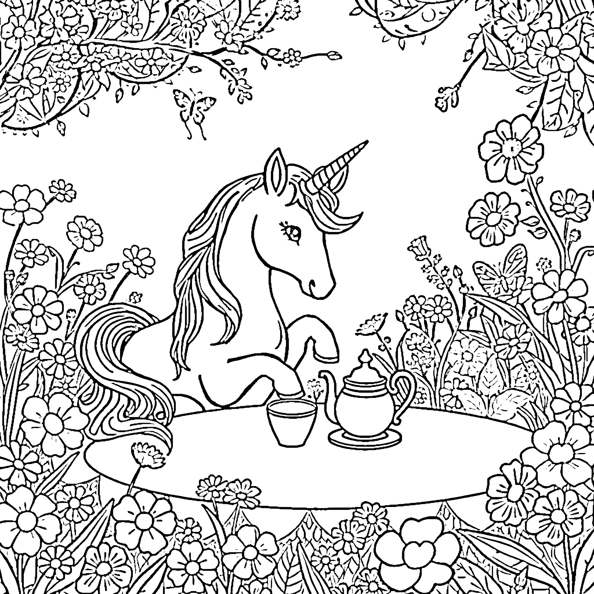 Unicorn in Flowery Garden with Tea Set Coloring Page (free black-and-white line drawing printable PDF for all, from beginners to advanced learners, including children, teens, adults, and seniors)