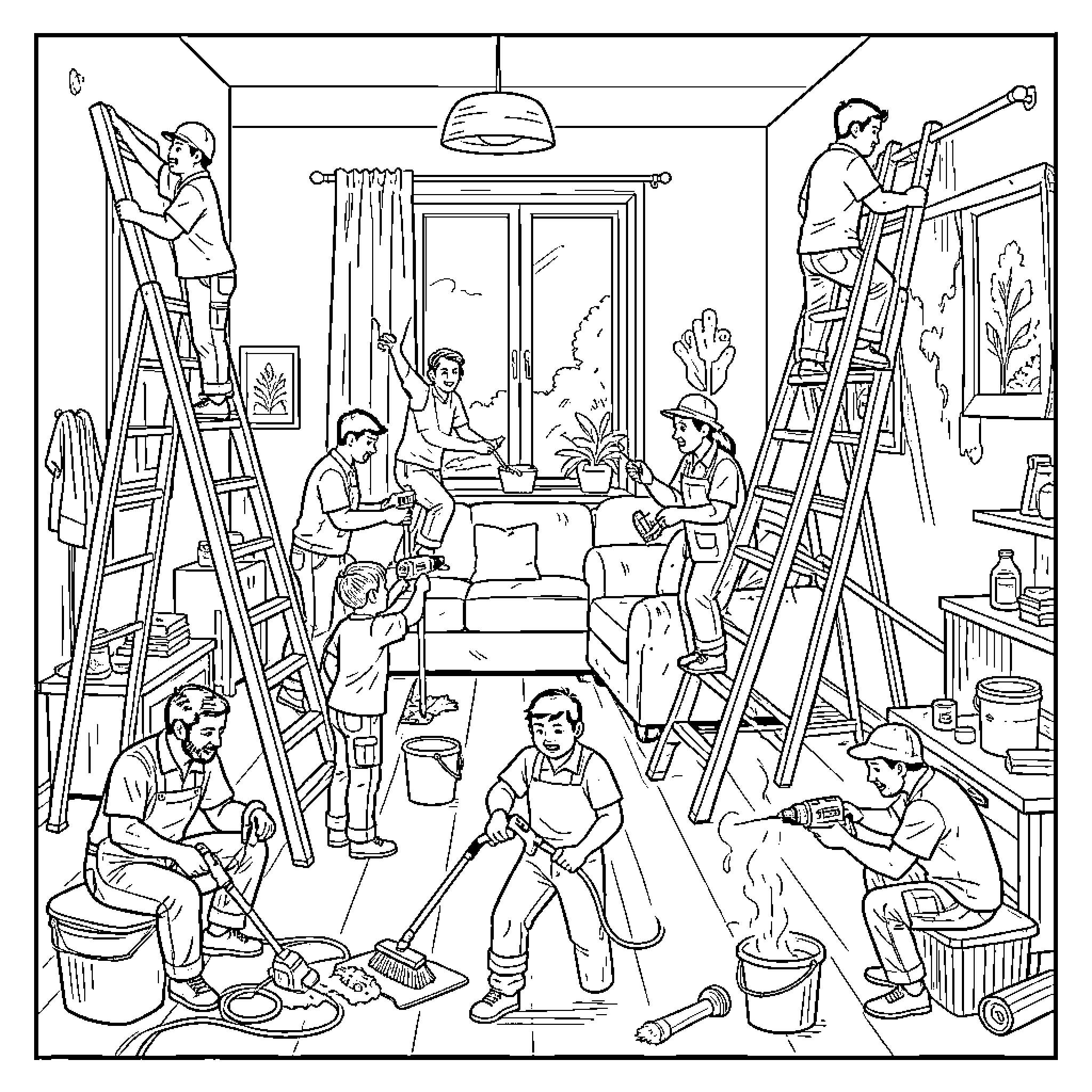 Person working on art projects in a studio space Coloring Page (free black-and-white line drawing printable PDF for all, from beginners to advanced learners, including children, teens, adults, and seniors)
