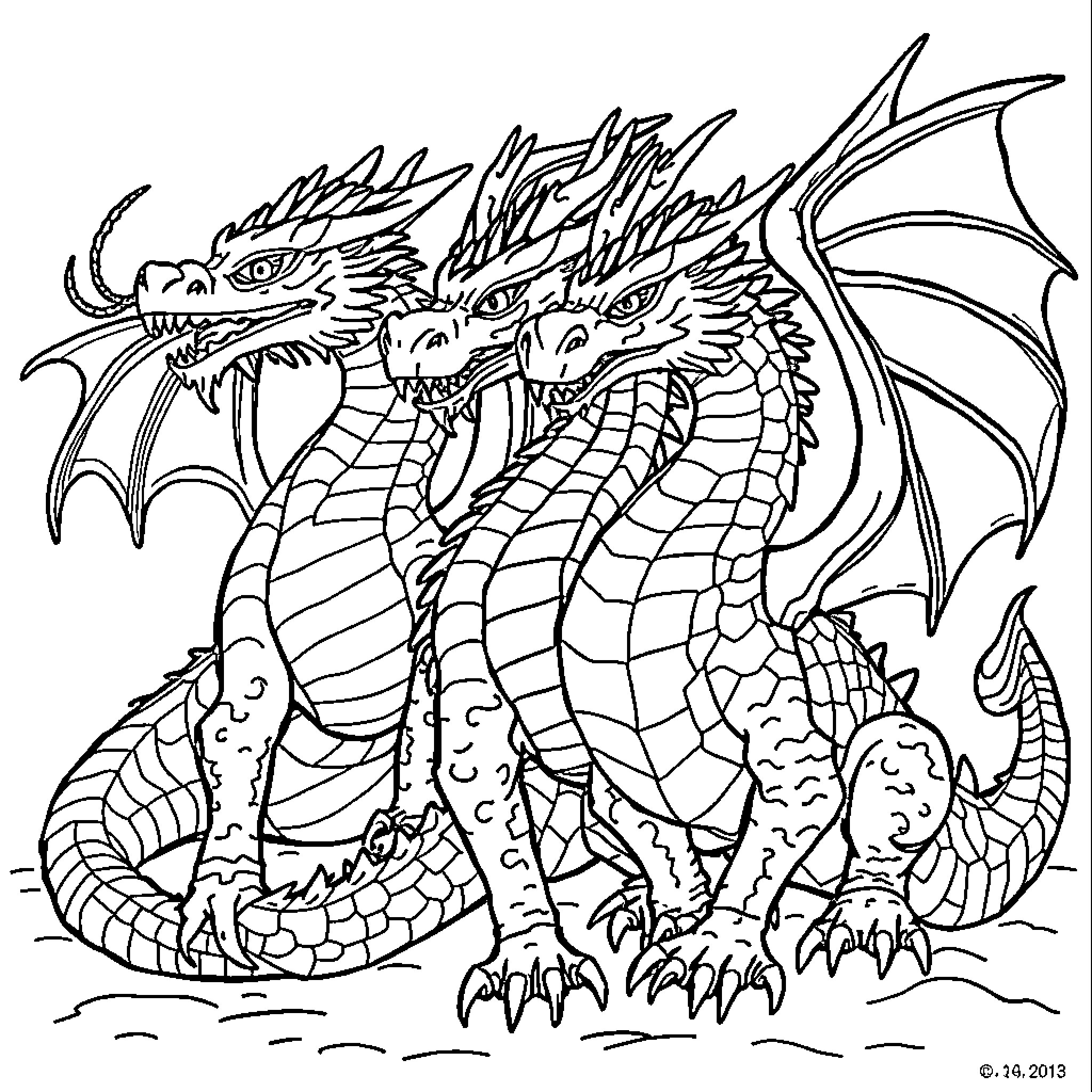 Dragon trio preparing for battle Coloring Page (free black-and-white line drawing printable PDF for all, from beginners to advanced learners, including children, teens, adults, and seniors)