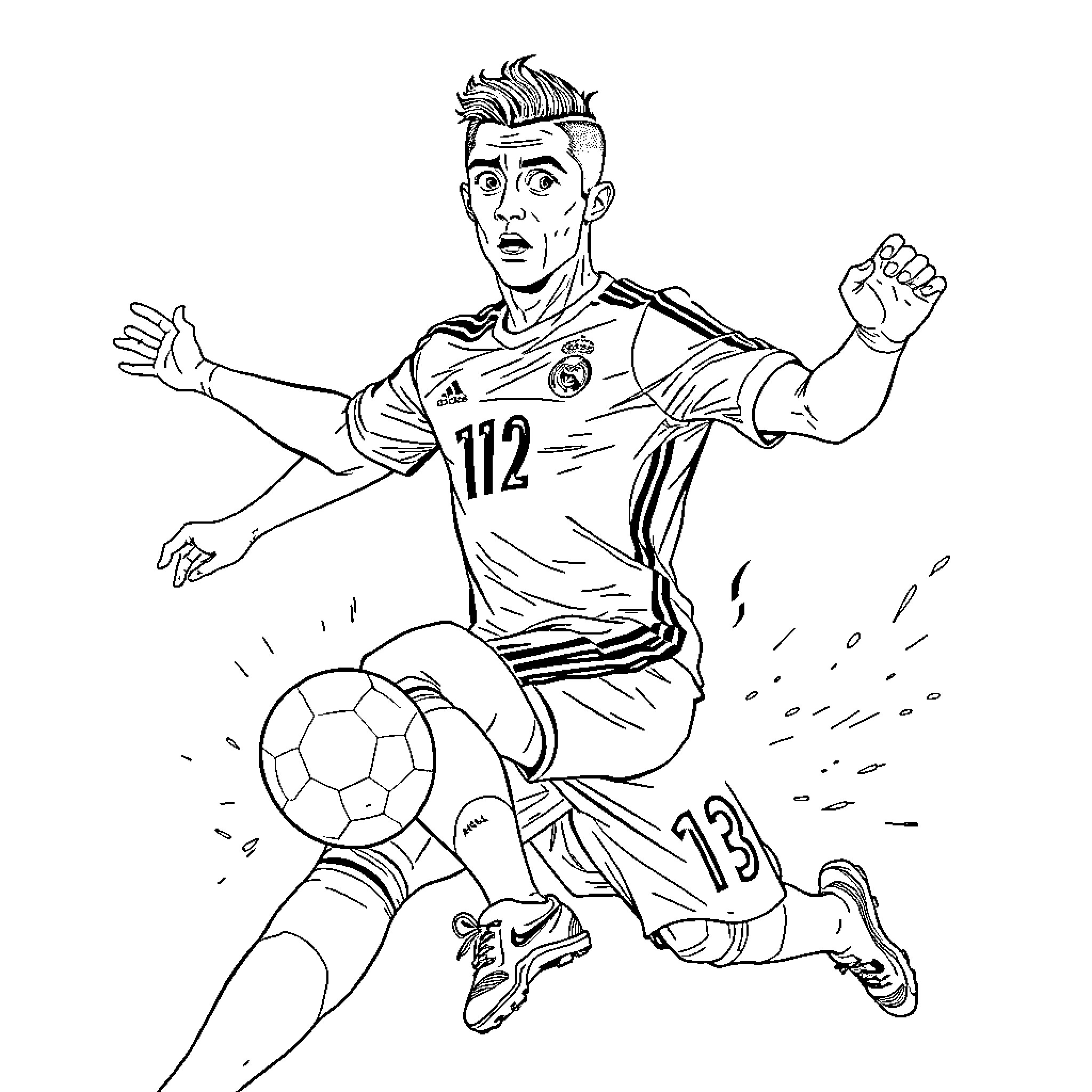 Cristiano Ronaldo in Dynamic Soccer Action Coloring Page (free black-and-white line drawing printable PDF for all, from beginners to advanced learners, including children, teens, adults, and seniors)