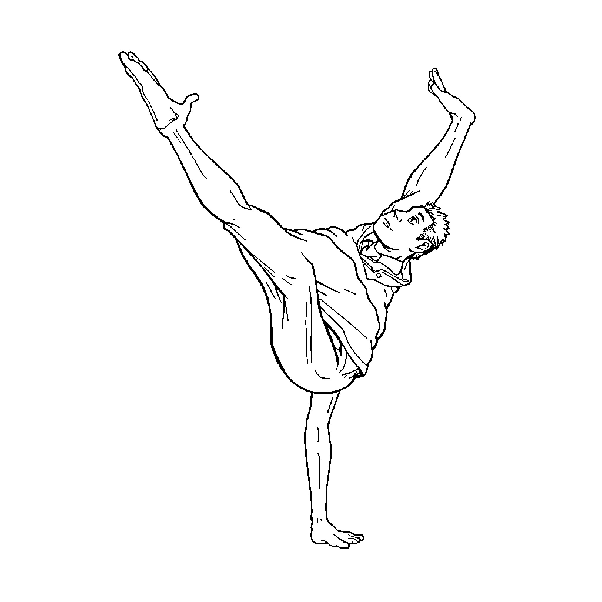 Man performing acrobatic yoga pose Coloring Page (free black-and-white line drawing printable PDF for all, from beginners to advanced learners, including children, teens, adults, and seniors)