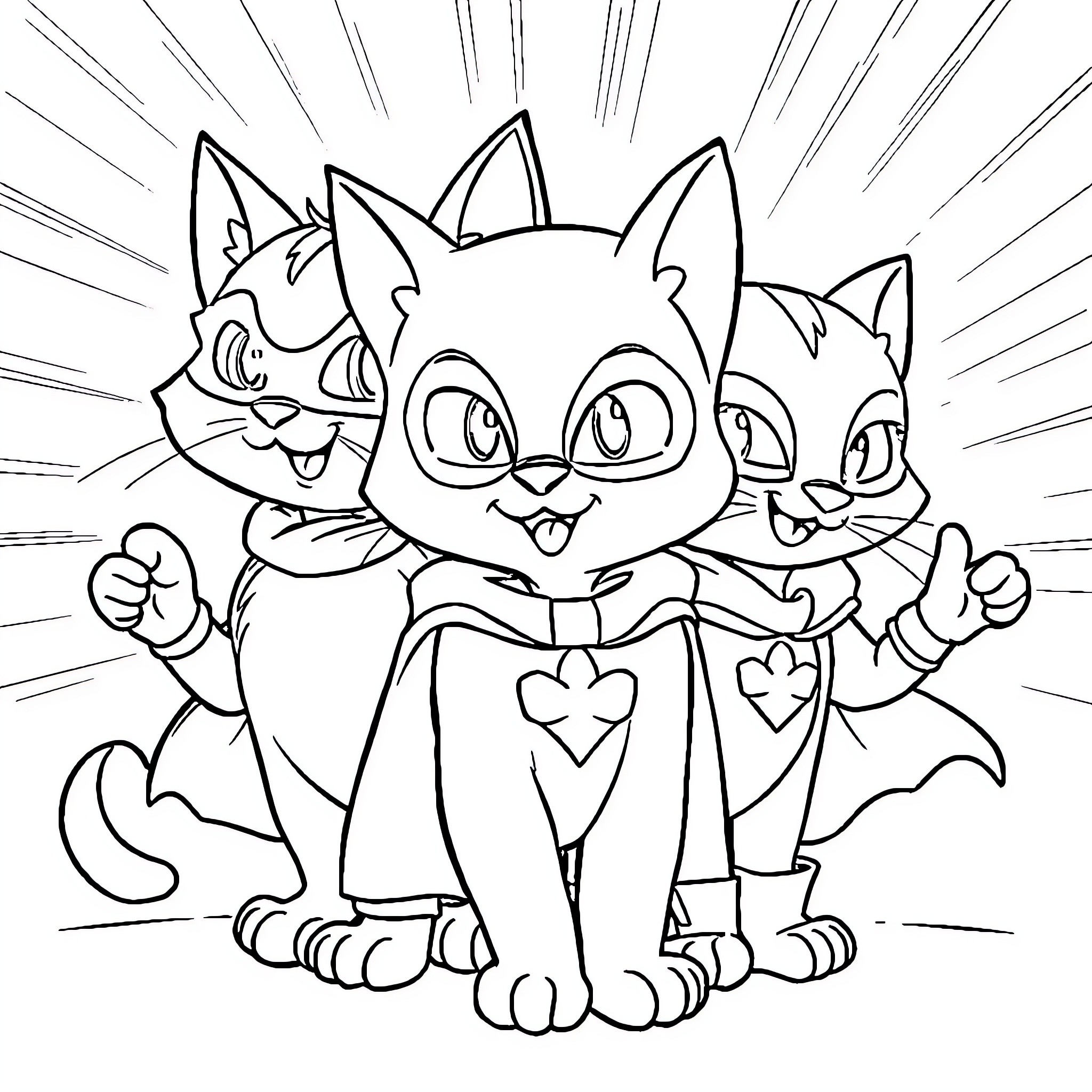 Kittens posing happily in costumes Coloring Page (free black-and-white line drawing printable PDF for all, from beginners to advanced learners, including children, teens, adults, and seniors)
