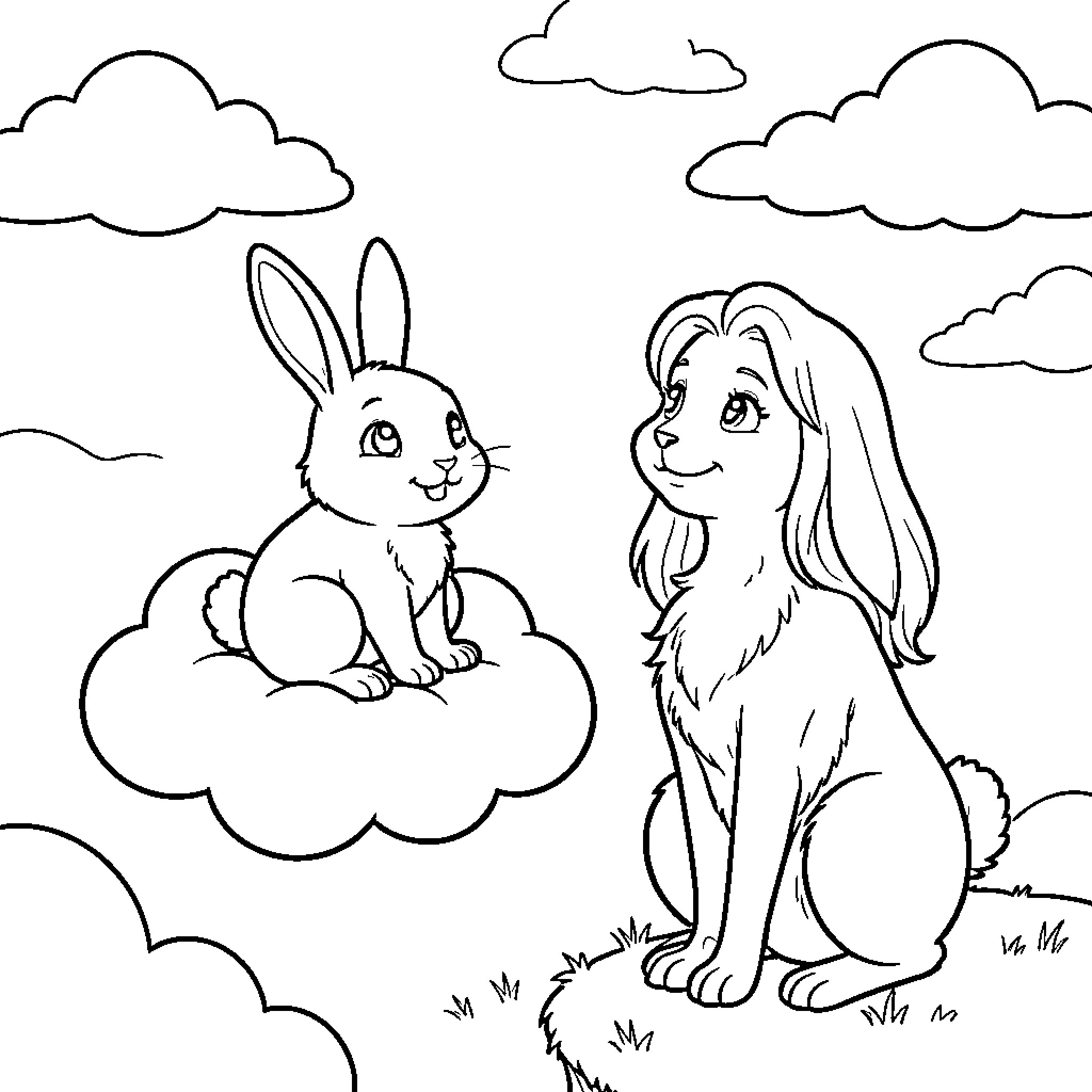 Bunny sitting on a cloud looking at a friend Coloring Page (free black-and-white line drawing printable PDF for all, from beginners to advanced learners, including children, teens, adults, and seniors)