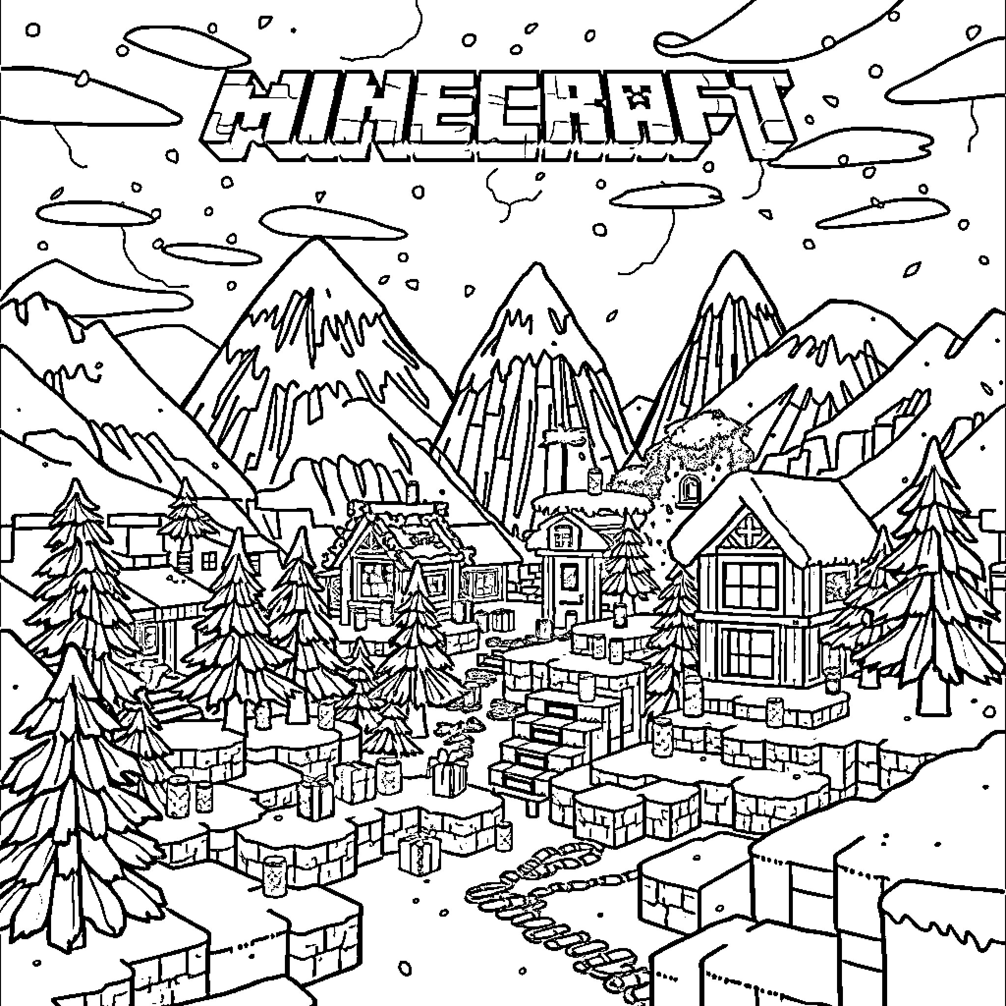 Minecraft Wintry Landscape with Mountains and Buildings Coloring Page (free black-and-white line drawing printable PDF for all, from beginners to advanced learners, including children, teens, adults, and seniors)