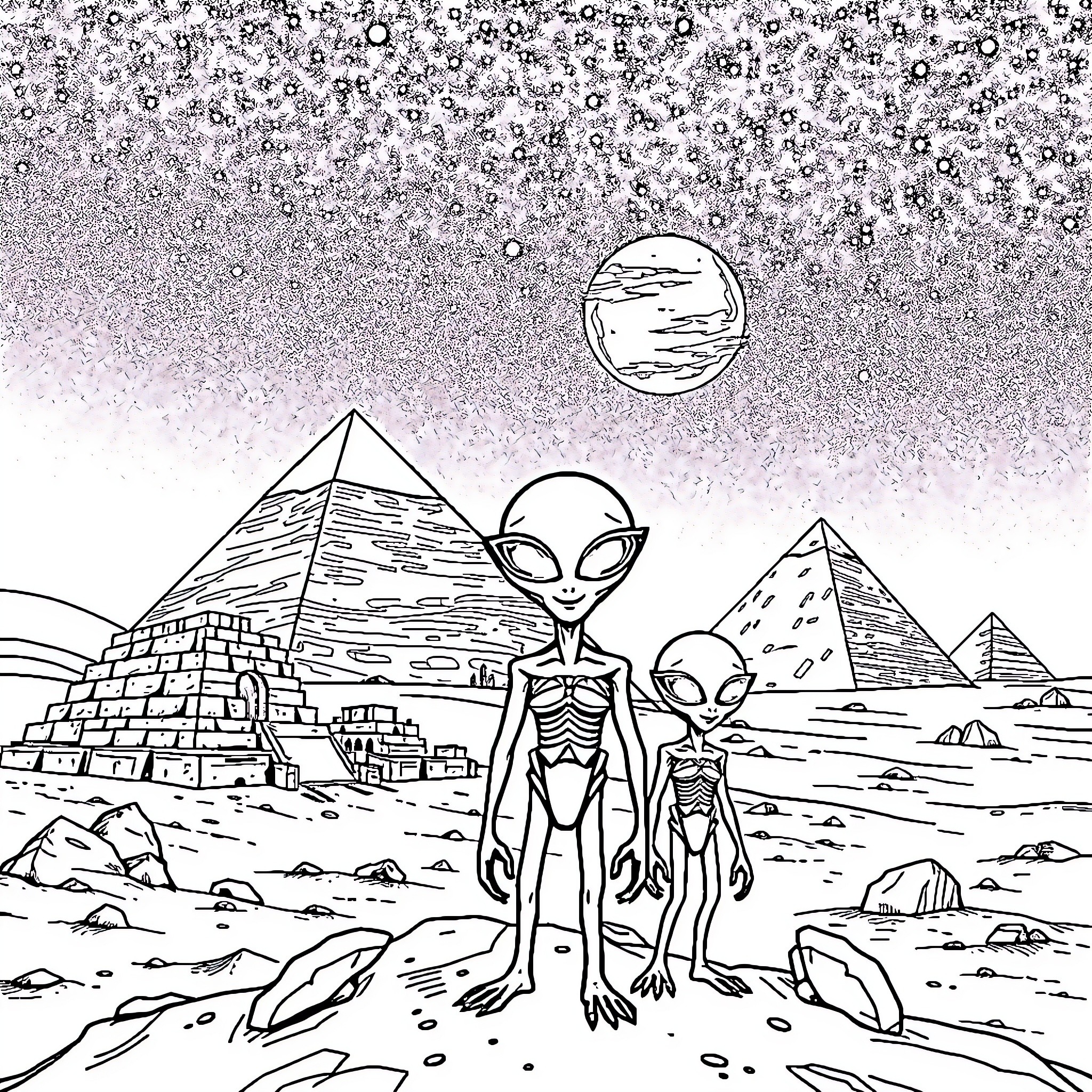 Alien Explorers Investigating Mysterious Pyramids Coloring Page (free black-and-white line drawing printable PDF for all, from beginners to advanced learners, including children, teens, adults, and seniors)
