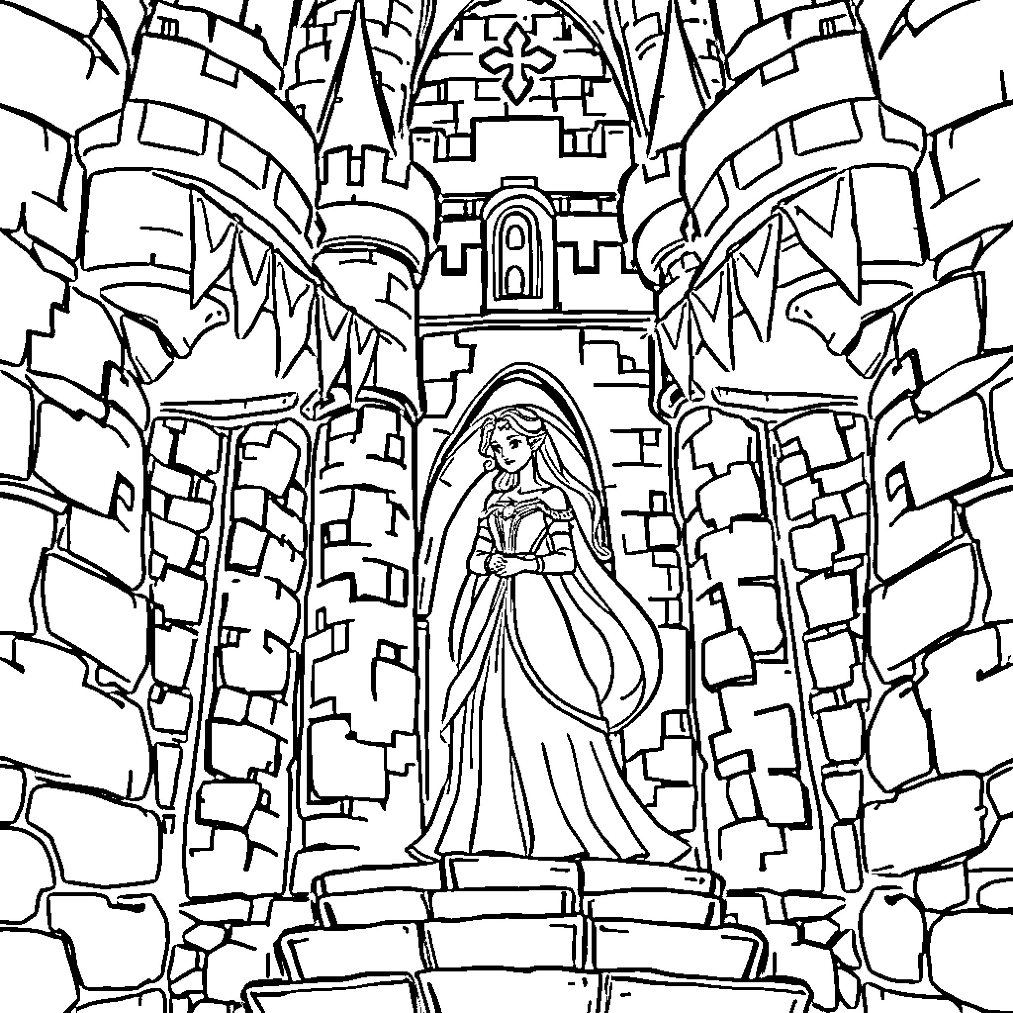 Princess standing before a majestic castle Coloring Page (free black-and-white line drawing printable PDF for all, from beginners to advanced learners, including children, teens, adults, and seniors)