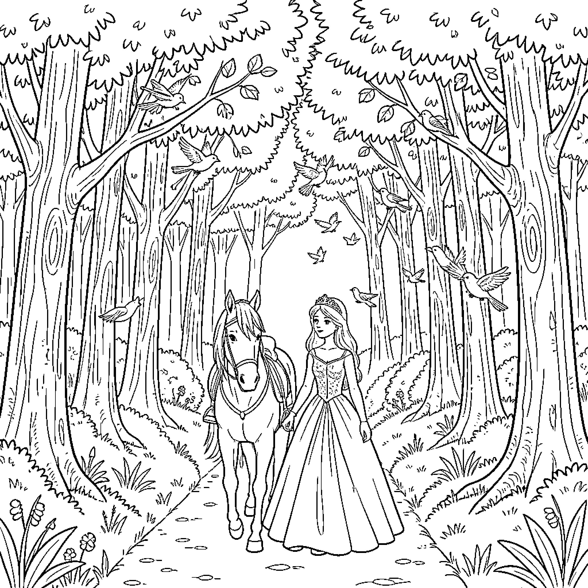 Princess walking with her horse through a forest Coloring Page (free black-and-white line drawing printable PDF for all, from beginners to advanced learners, including children, teens, adults, and seniors)
