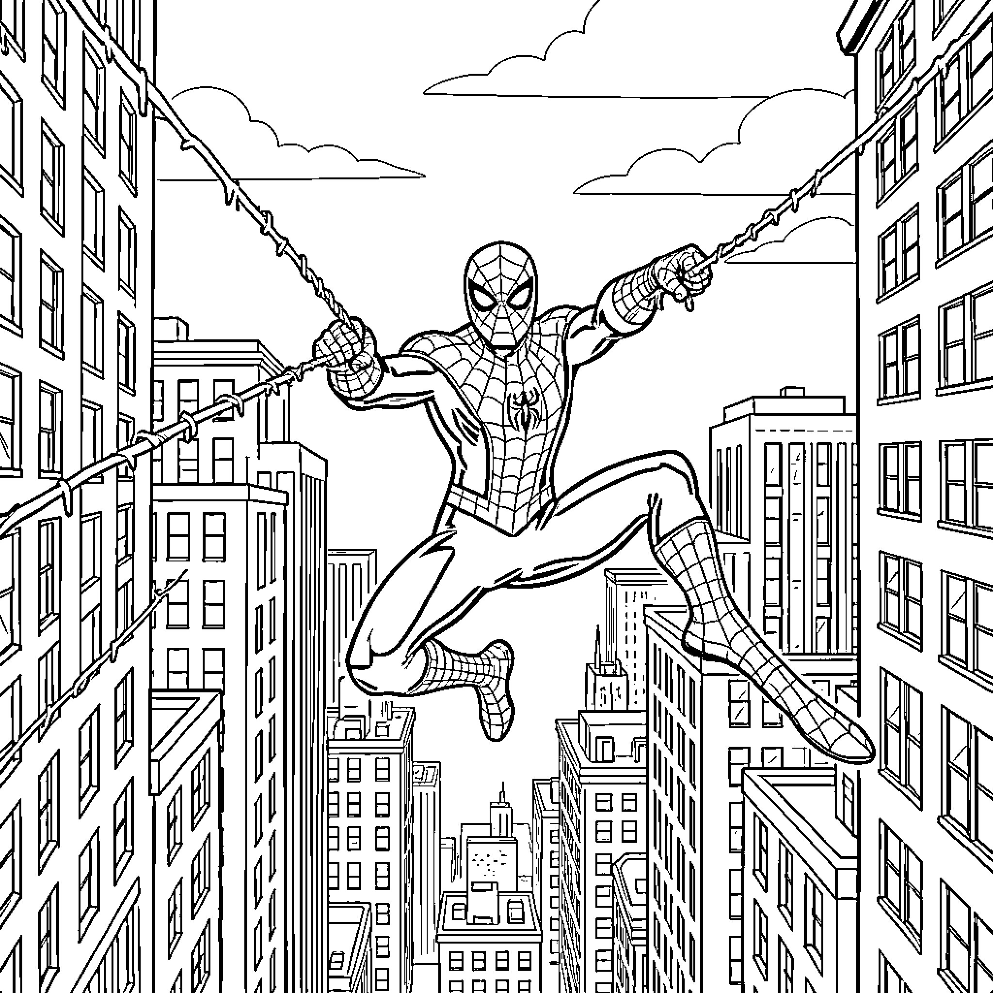 Spiderman swinging between skyscrapers in a city Coloring Page (free black-and-white line drawing printable PDF for all, from beginners to advanced learners, including children, teens, adults, and seniors)