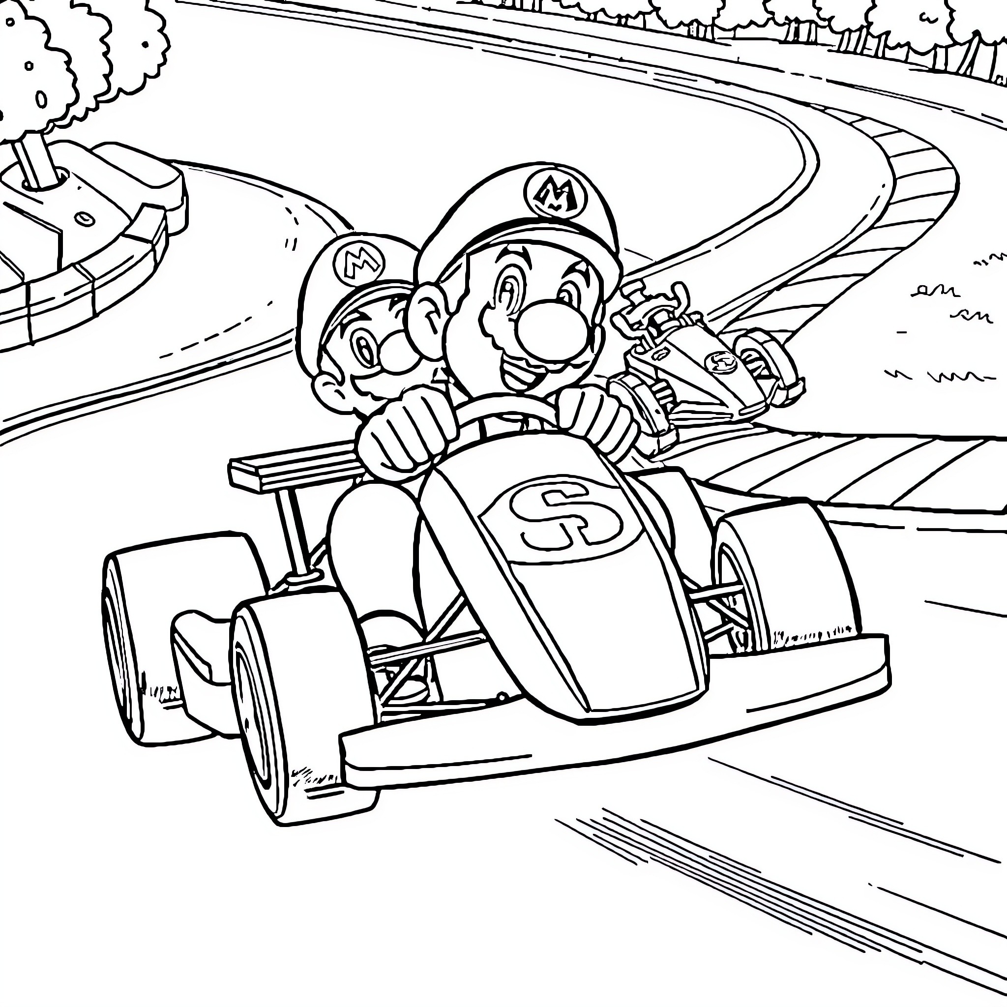 Mario and Luigi Zoom Through Racetrack Coloring Page (free black-and-white line drawing printable PDF for all, from beginners to advanced learners, including children, teens, adults, and seniors)