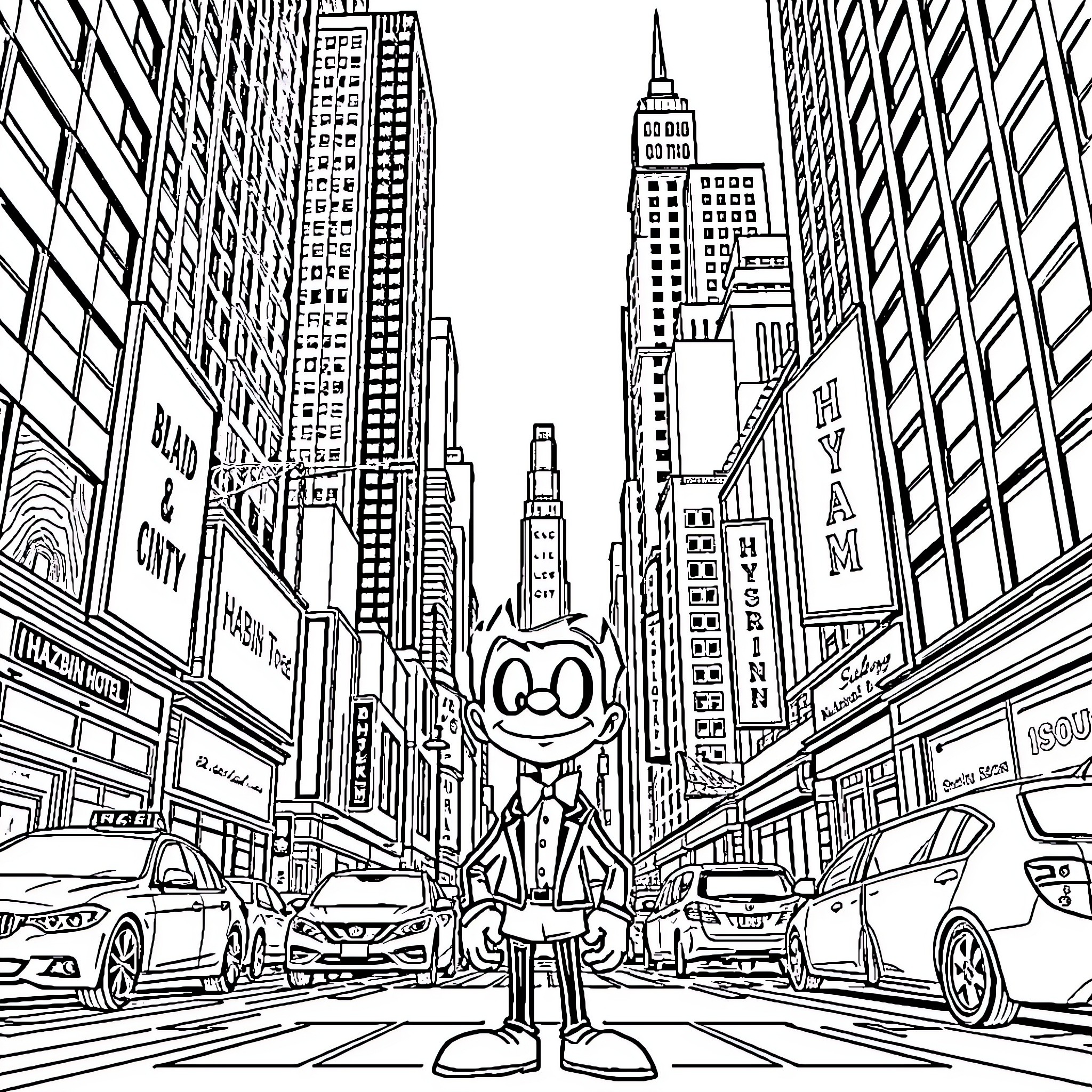 Charlie exploring the bustling city streets Coloring Page (free black-and-white line drawing printable PDF for all, from beginners to advanced learners, including children, teens, adults, and seniors)