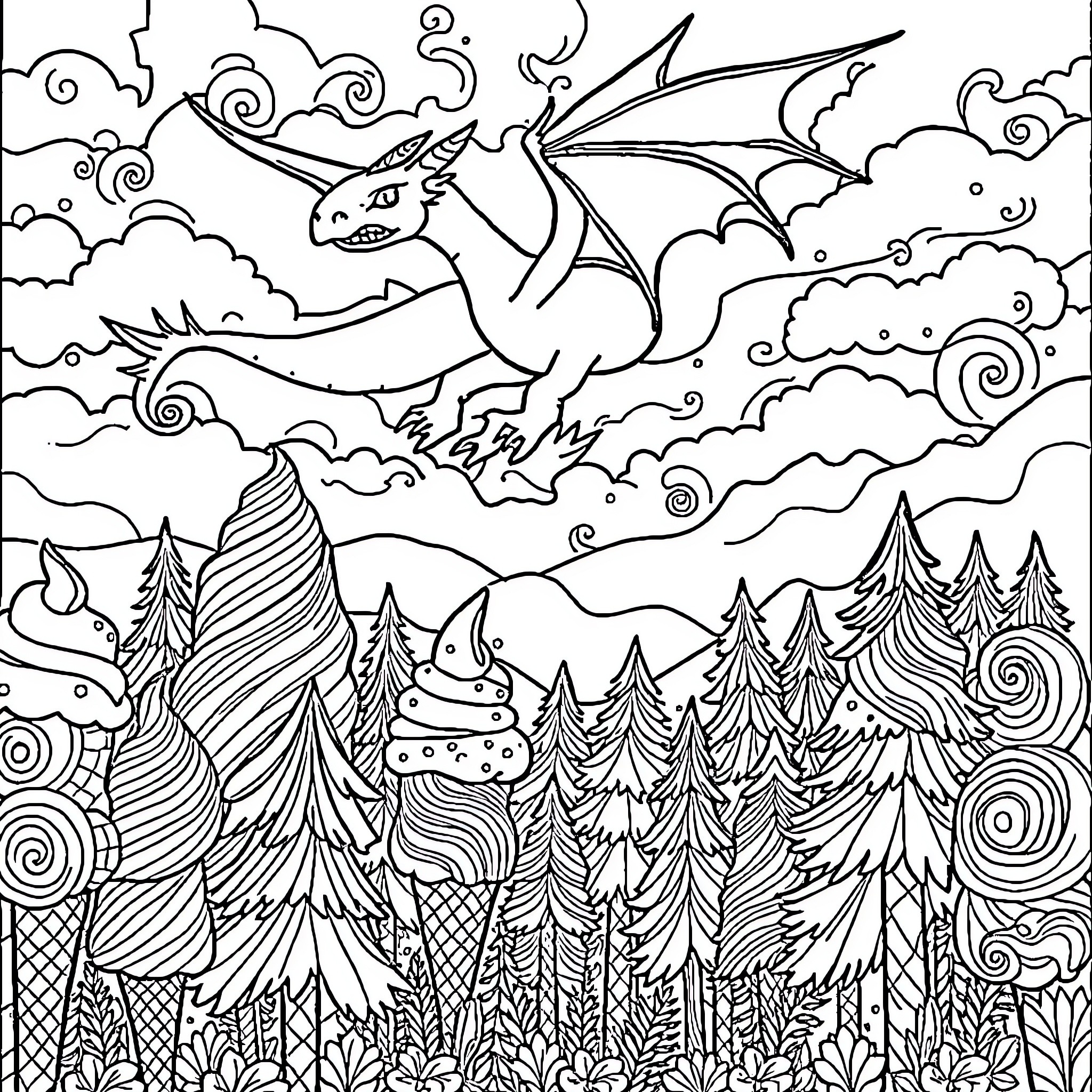 Dragon soaring through enchanted forest landscape Coloring Page (free black-and-white line drawing printable PDF for all, from beginners to advanced learners, including children, teens, adults, and seniors)