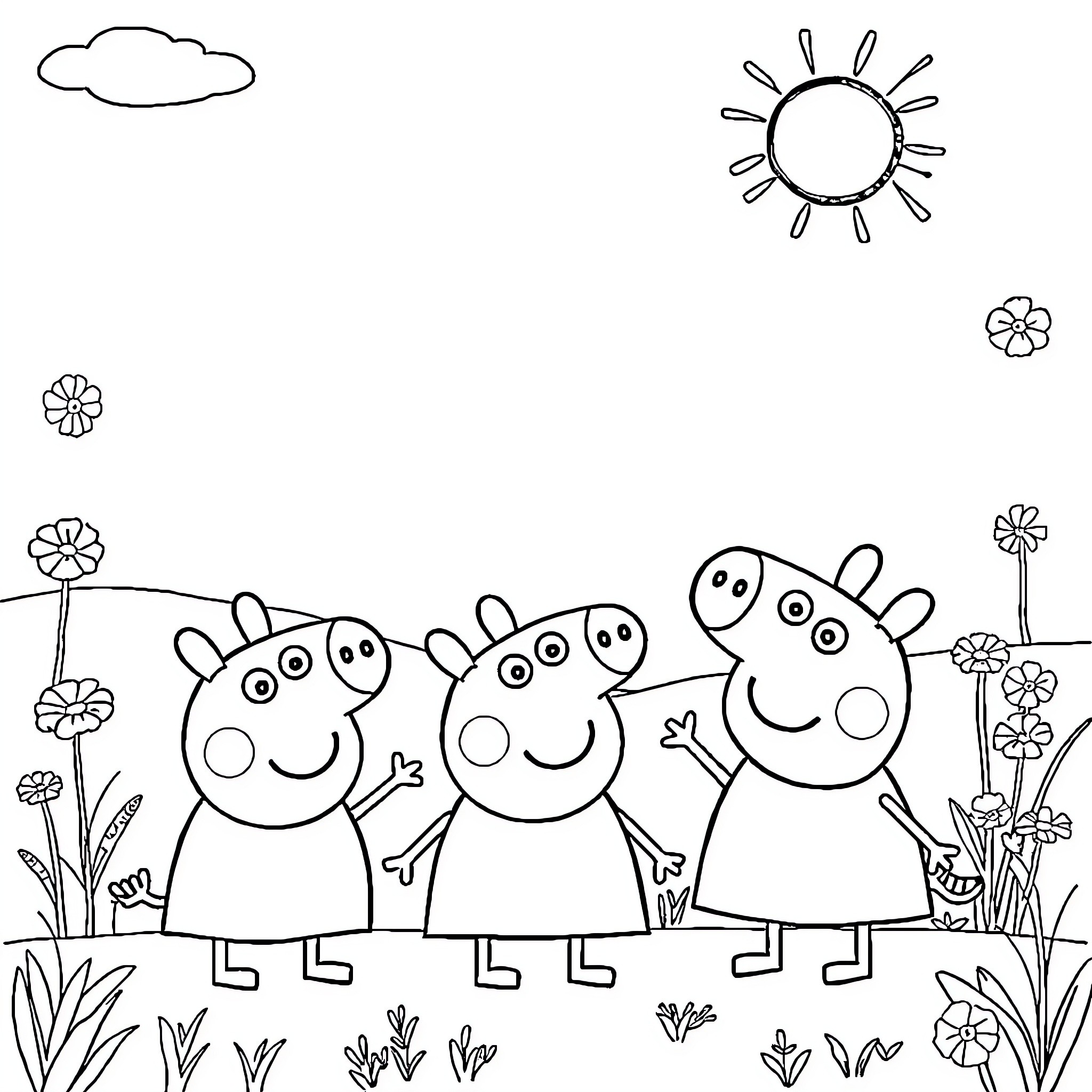 Peppa Pig and friends playing in nature Coloring Page (free black-and-white line drawing printable PDF for all, from beginners to advanced learners, including children, teens, adults, and seniors)