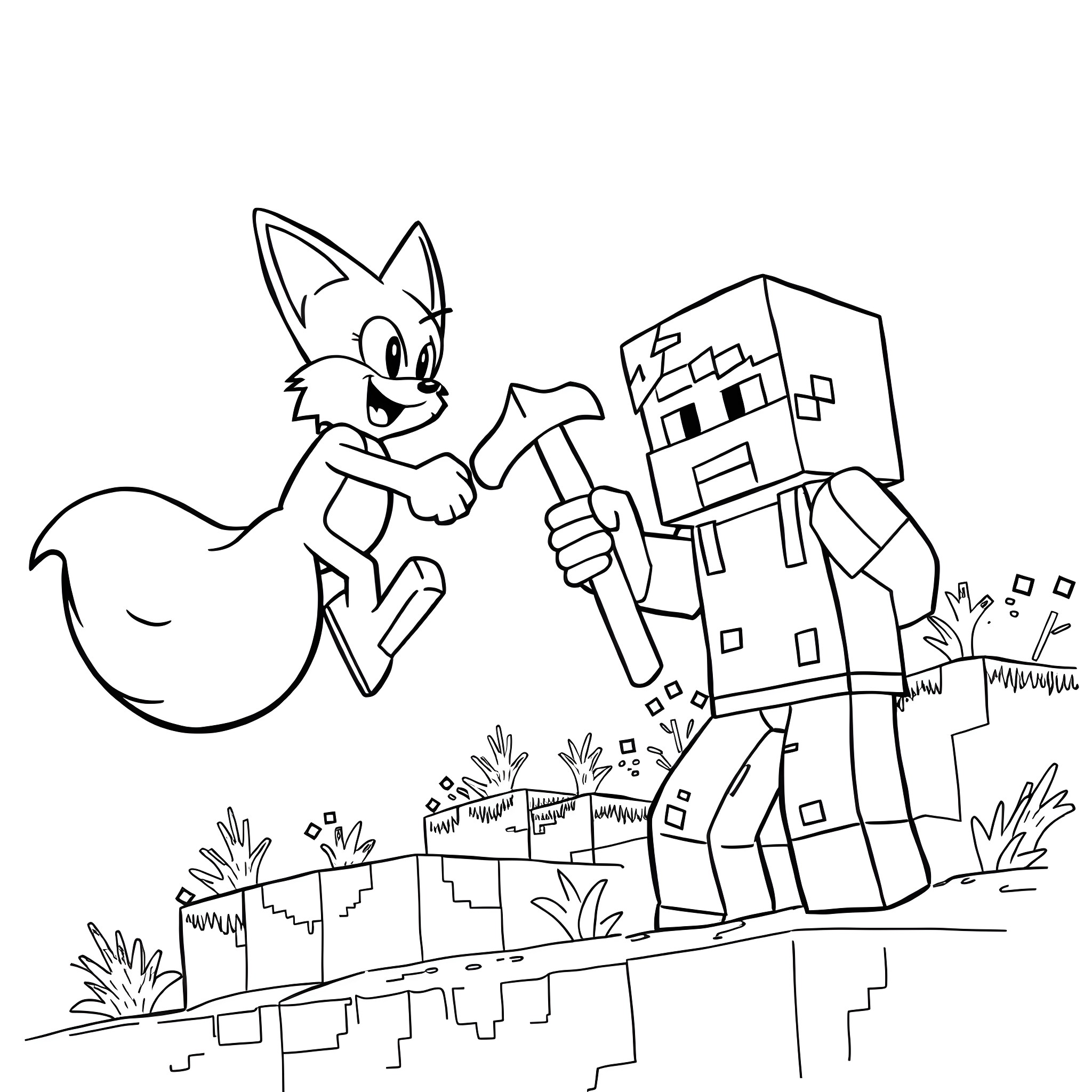 Tails of a Mischievous Fox and a Robot in Nature Coloring Page (free black-and-white line drawing printable PDF for all, from beginners to advanced learners, including children, teens, adults, and seniors)